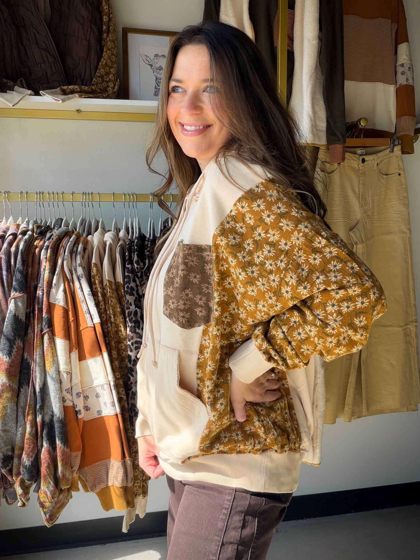 Mustard Sides Floral Accent Hoodie