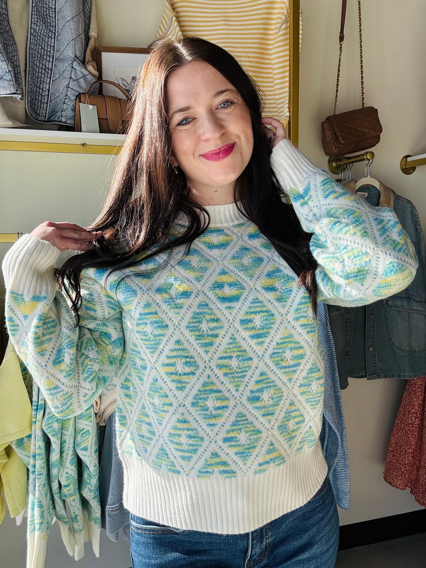 Teal Lemon Diamond Knit Sweater