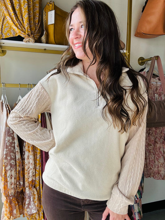 Beige Textured Sleeve Pullover