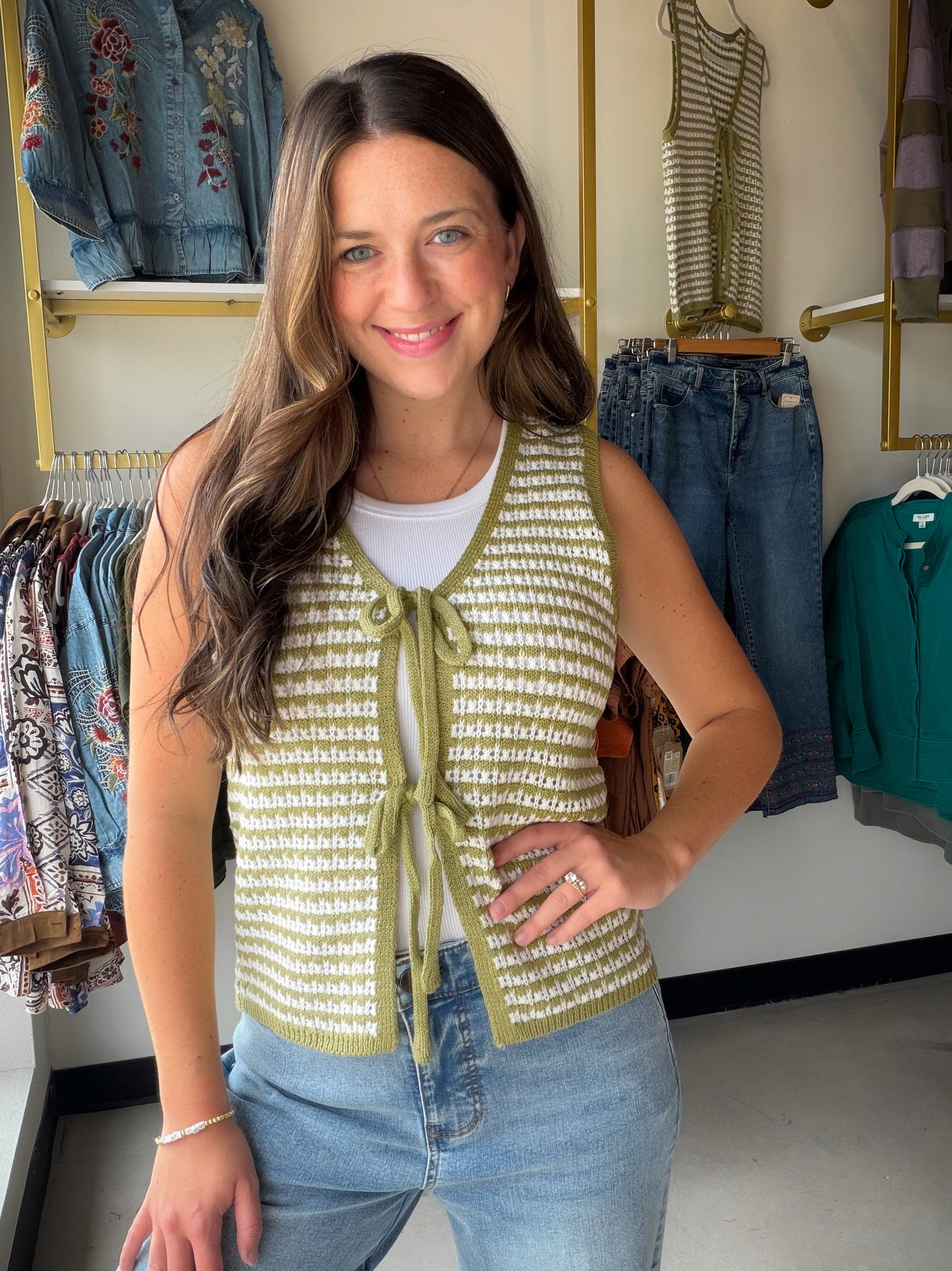 Sage Stripe Crochet Sweater Vest