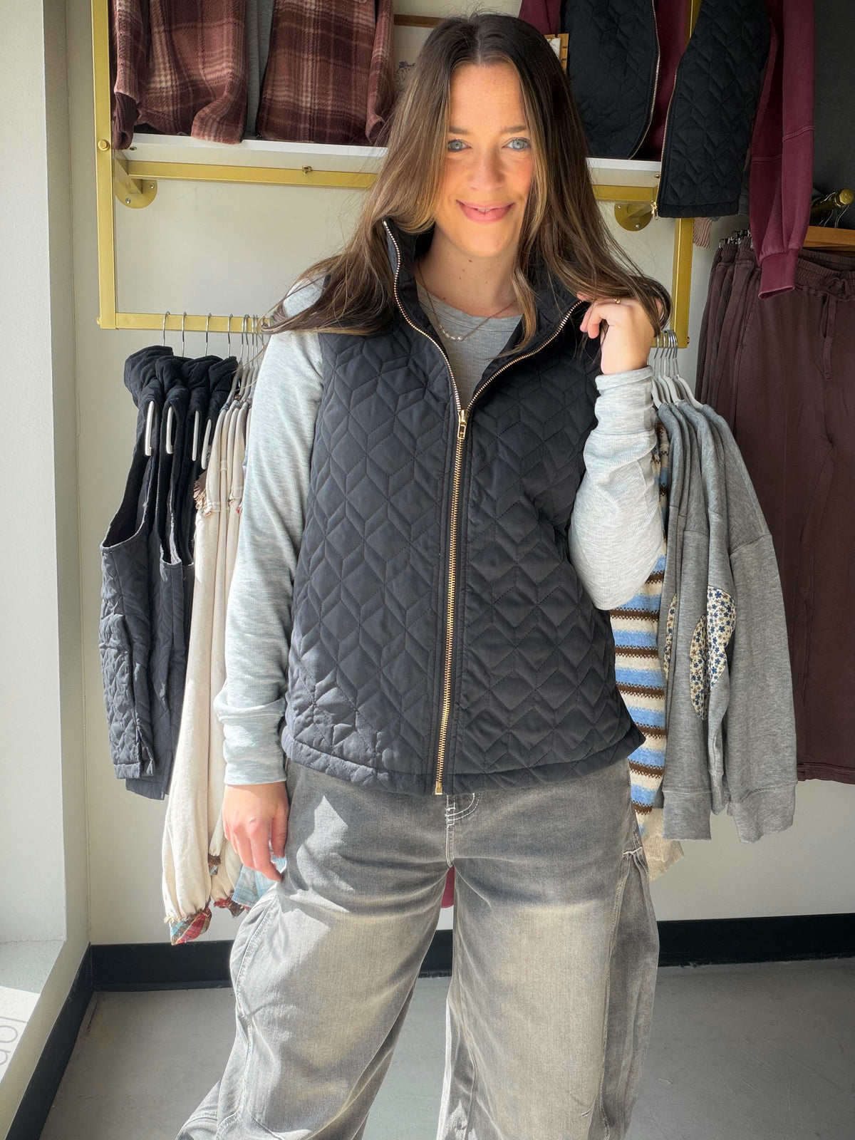 Black Quilted Zip Up Vest