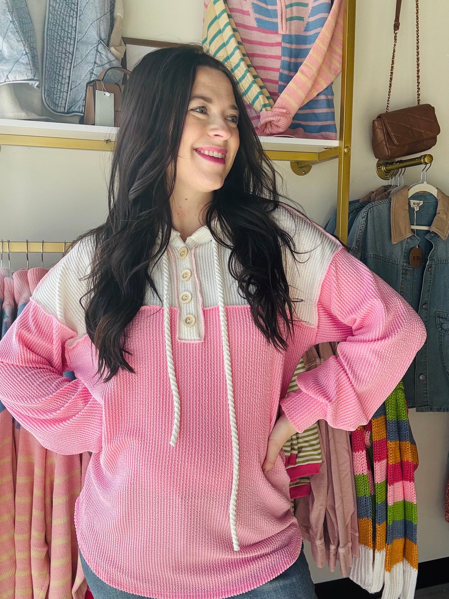 Two Tone Pink Henley Hoodie
