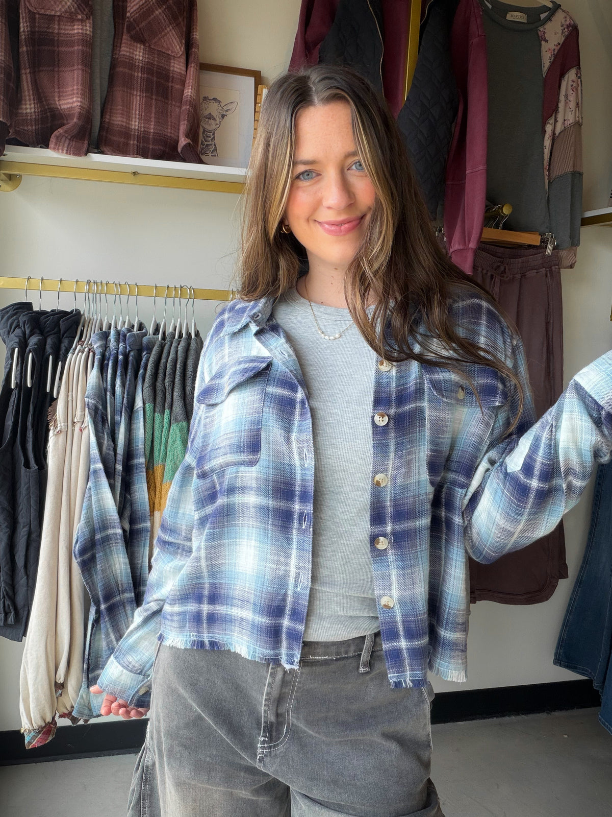 Blue Plaid Fringe Button Up