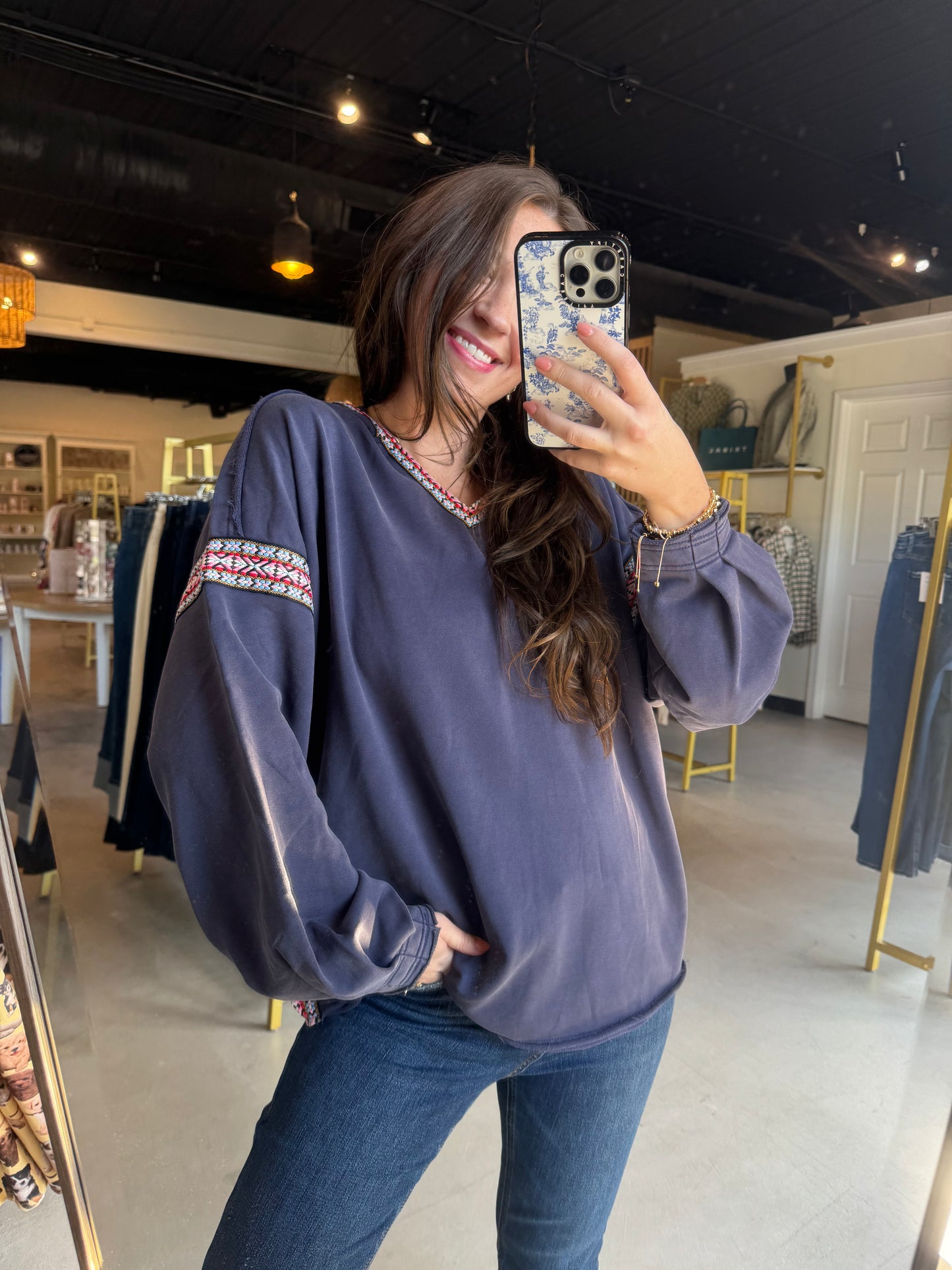 Navy Embroidered Trim Hoodie