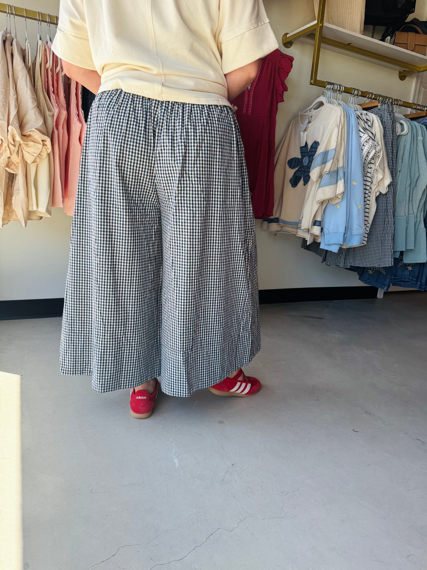 Navy Gingham Wide Leg Pants