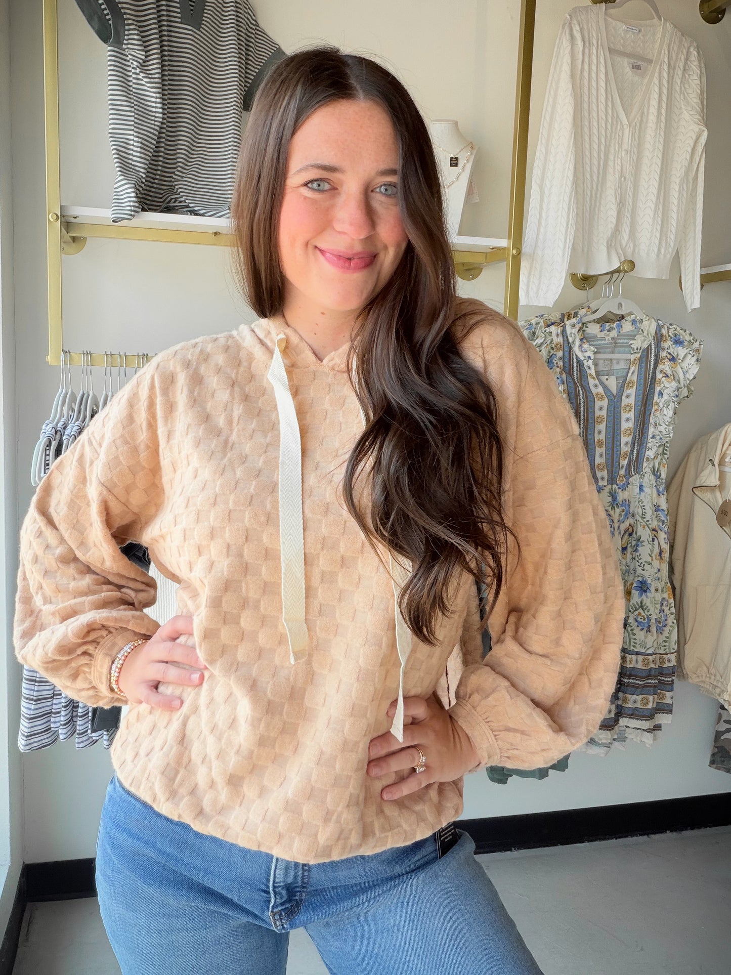 Taupe Checker Knit Hoodie