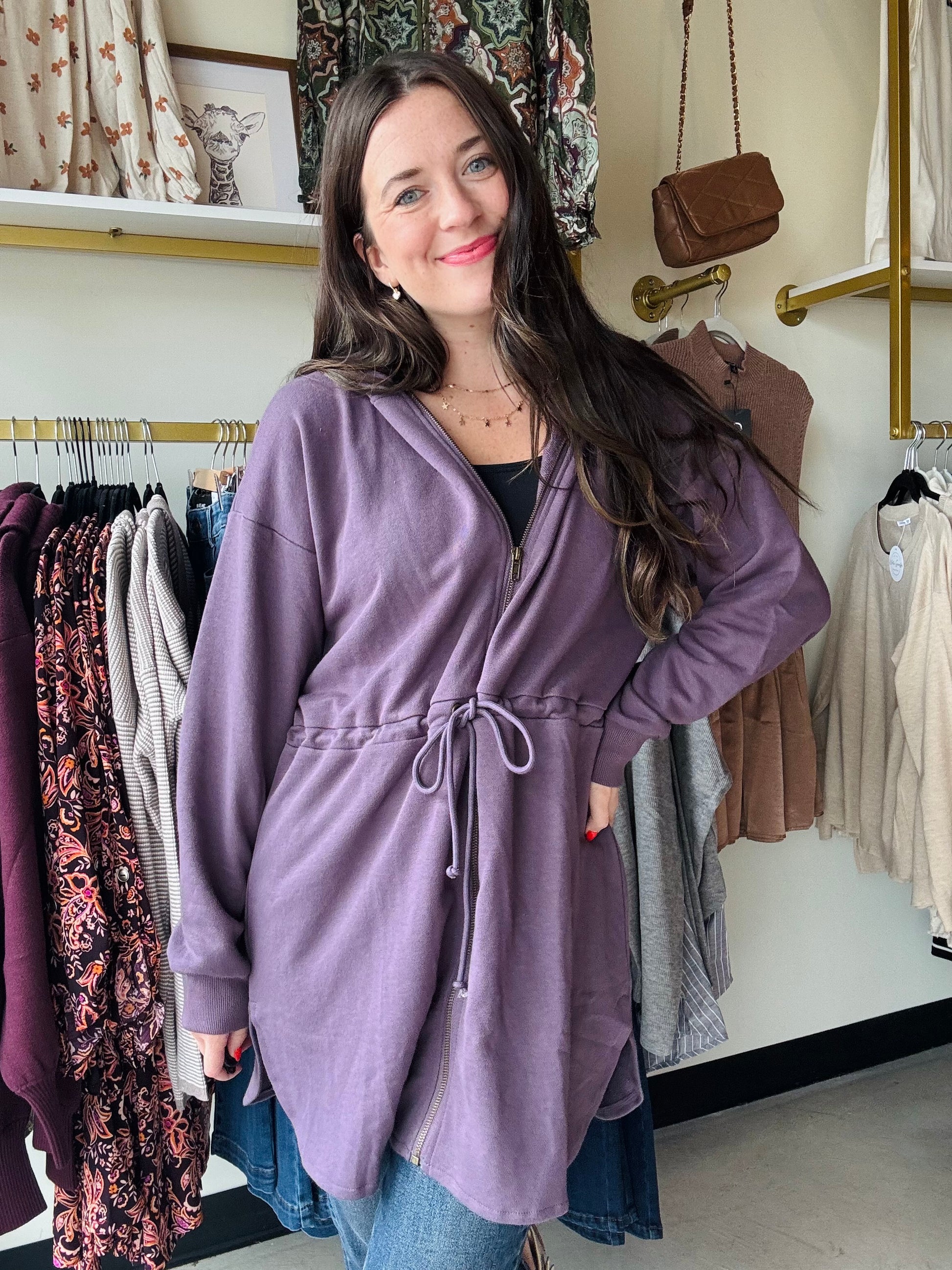 Purple Tunic Zip Up Hoodie – White Giraffe Boutique