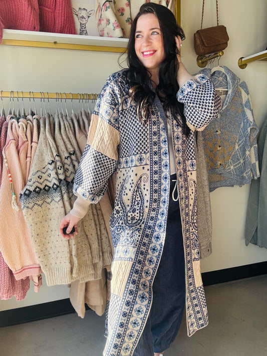 Paisley Motif Sweater Coatigan
