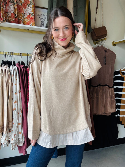 Latte Button Down Detail Turtleneck