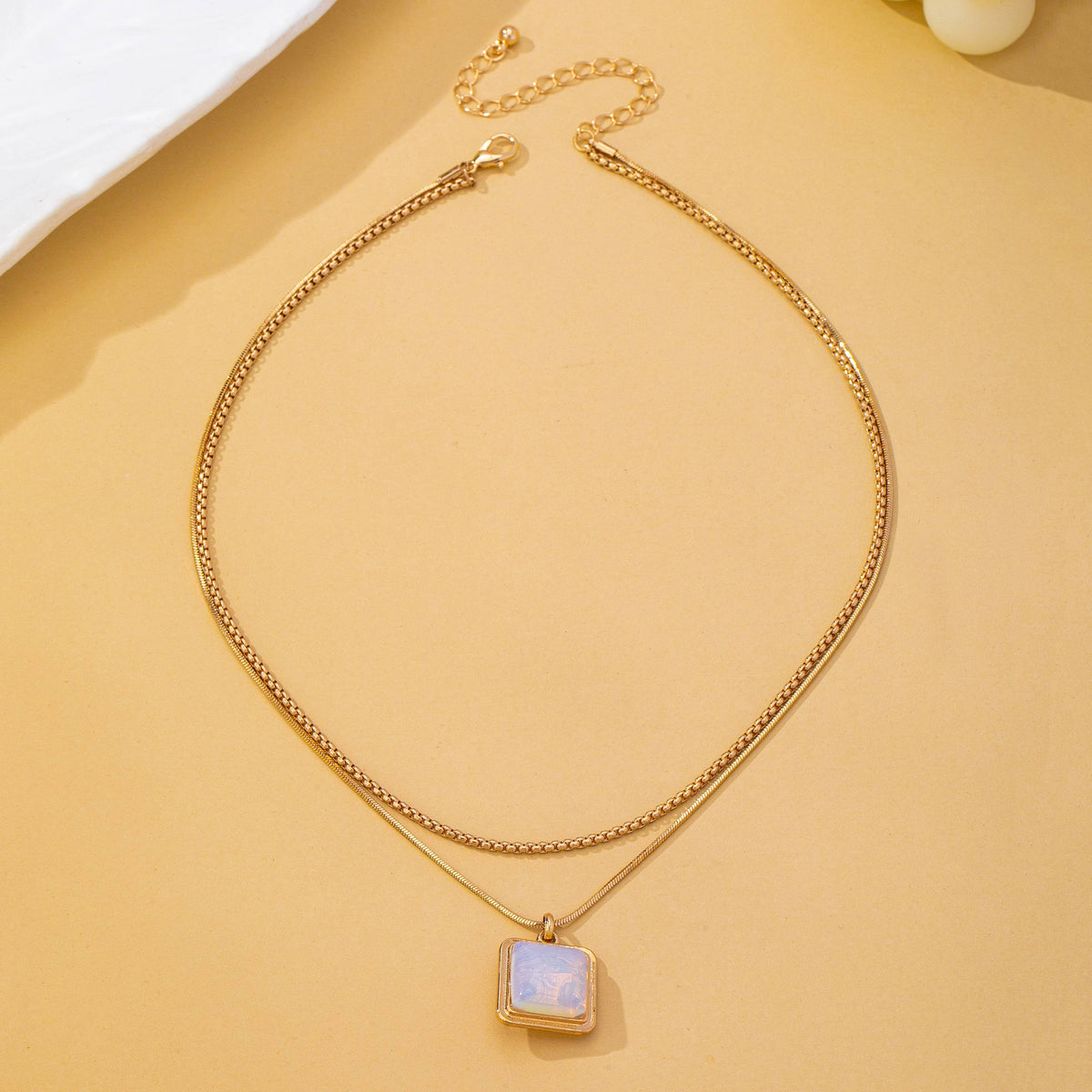 Layered Square Opal Pendant Necklace