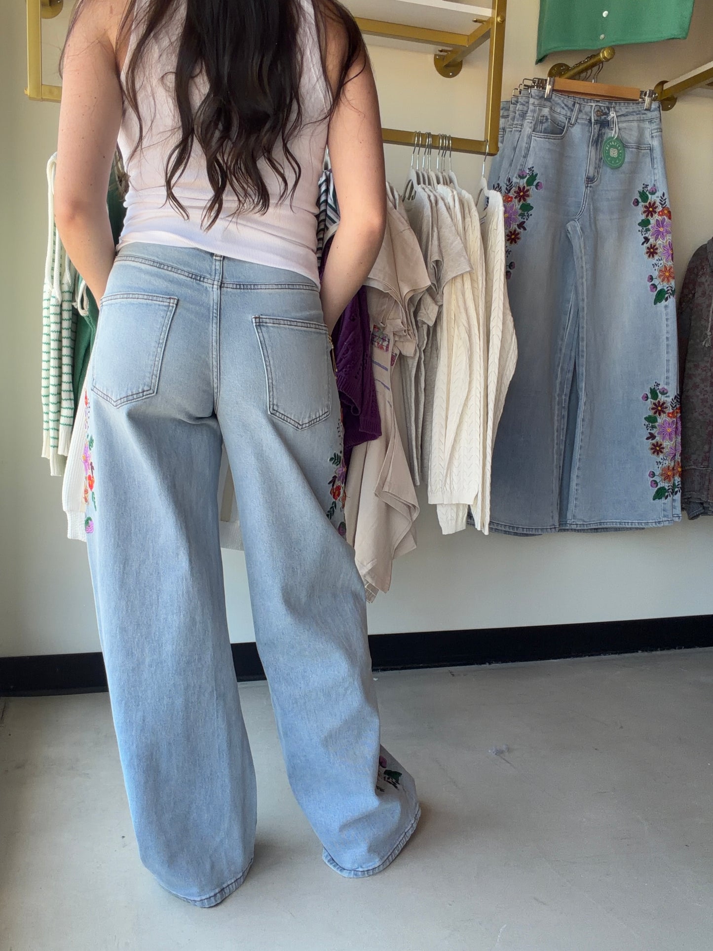 Evie Embroidered Wide Leg Denim