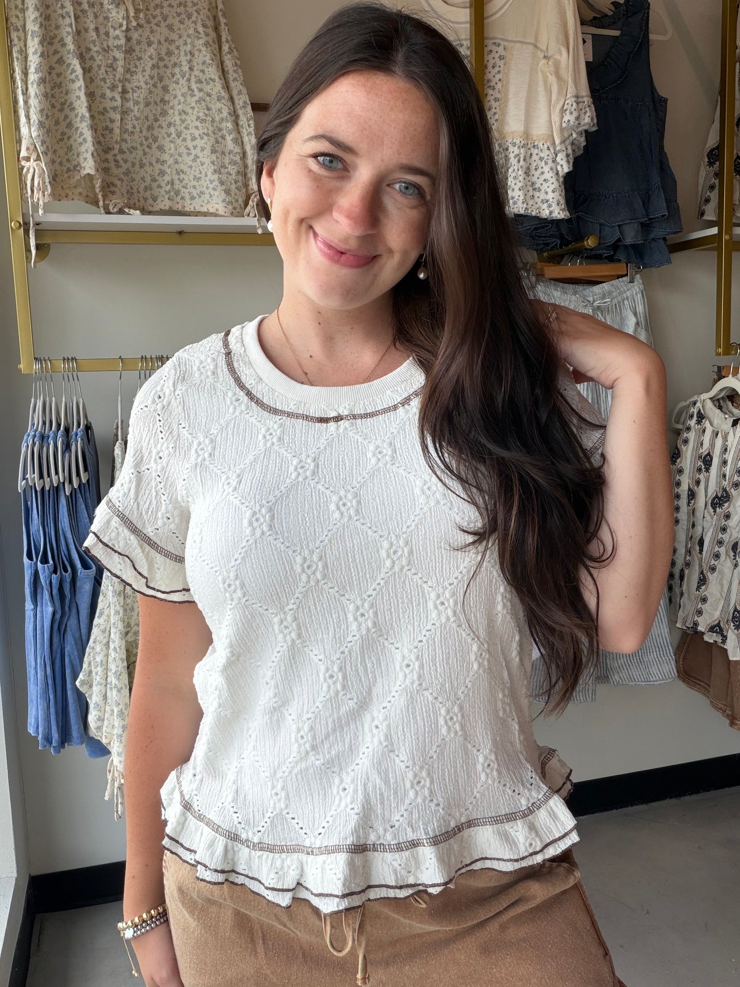 Ivory Eyelet Detail Ruffle Top