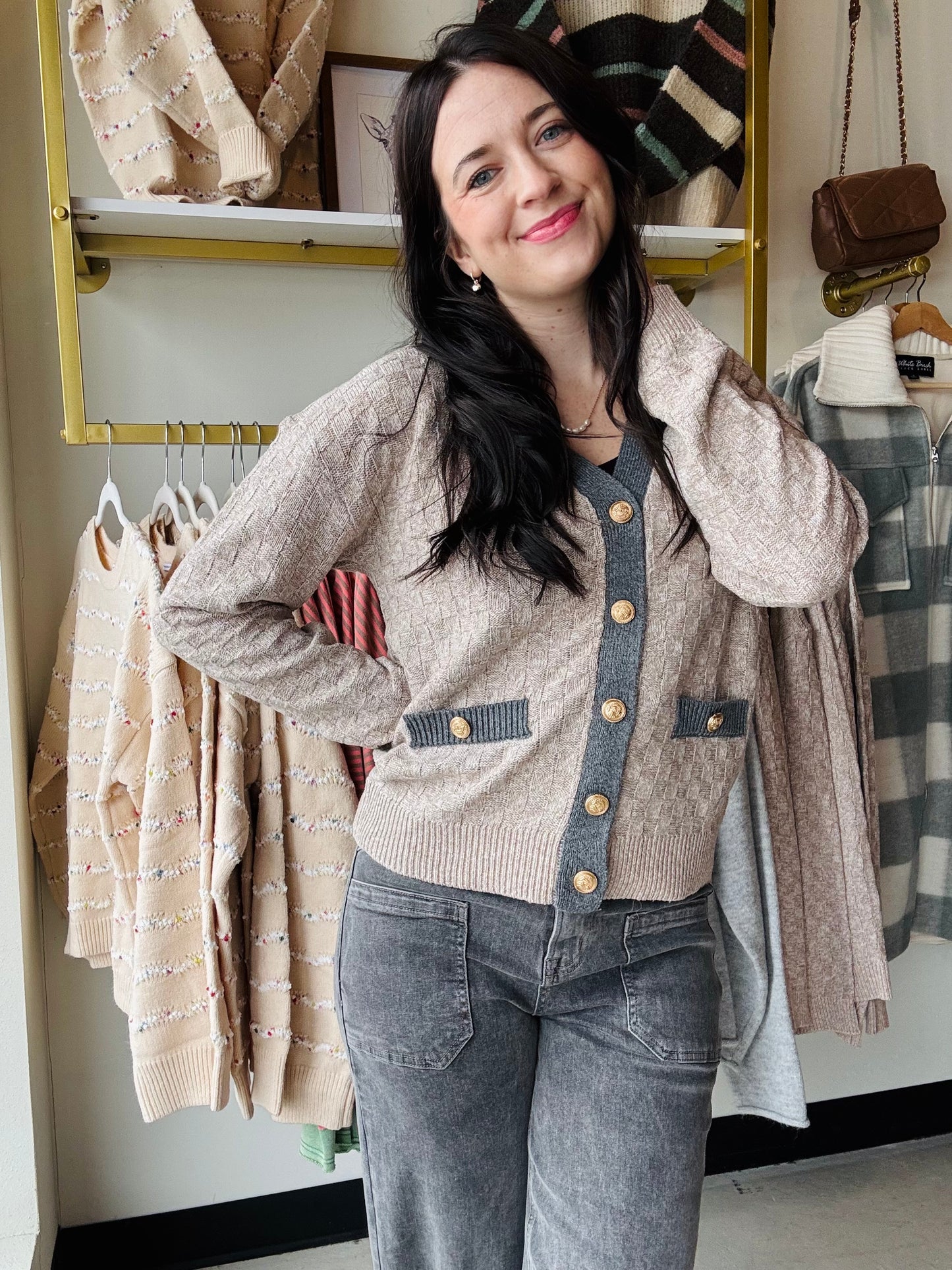 Contrast Band Button Up Sweater