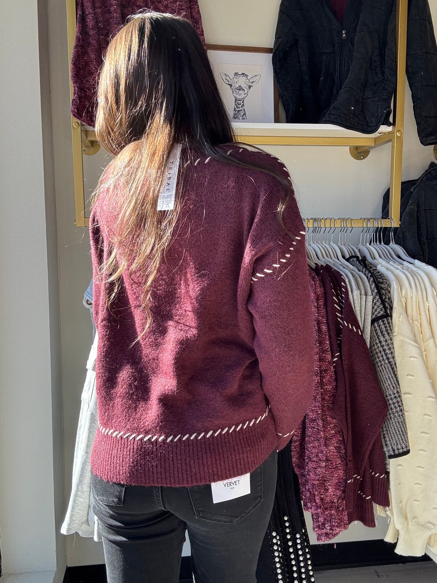 Wine Saddle Stitch Sweater