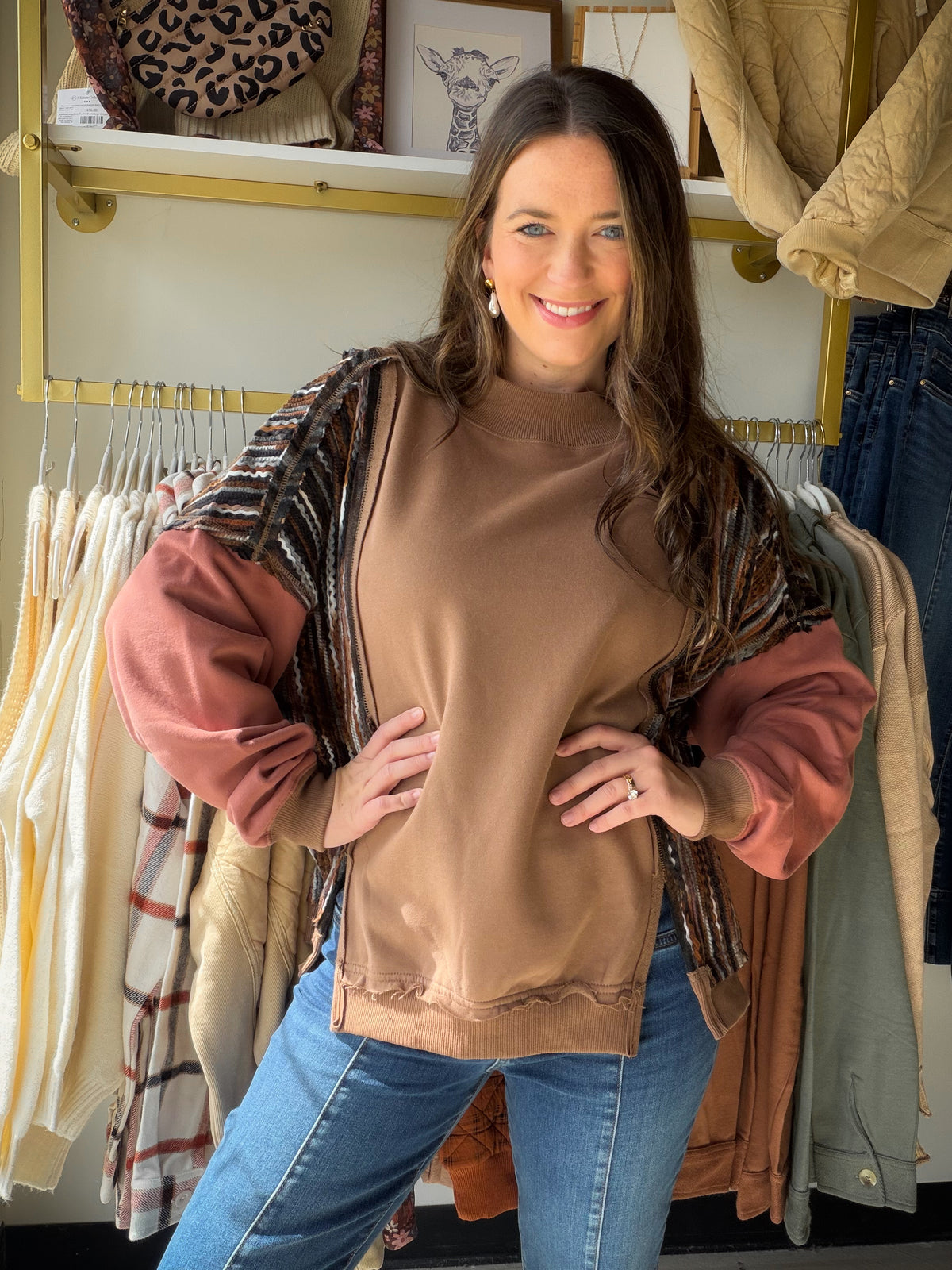 Mocha Mock Neck Accent Sweatshirt