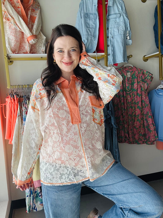 Coral Accent Trim Lace Top