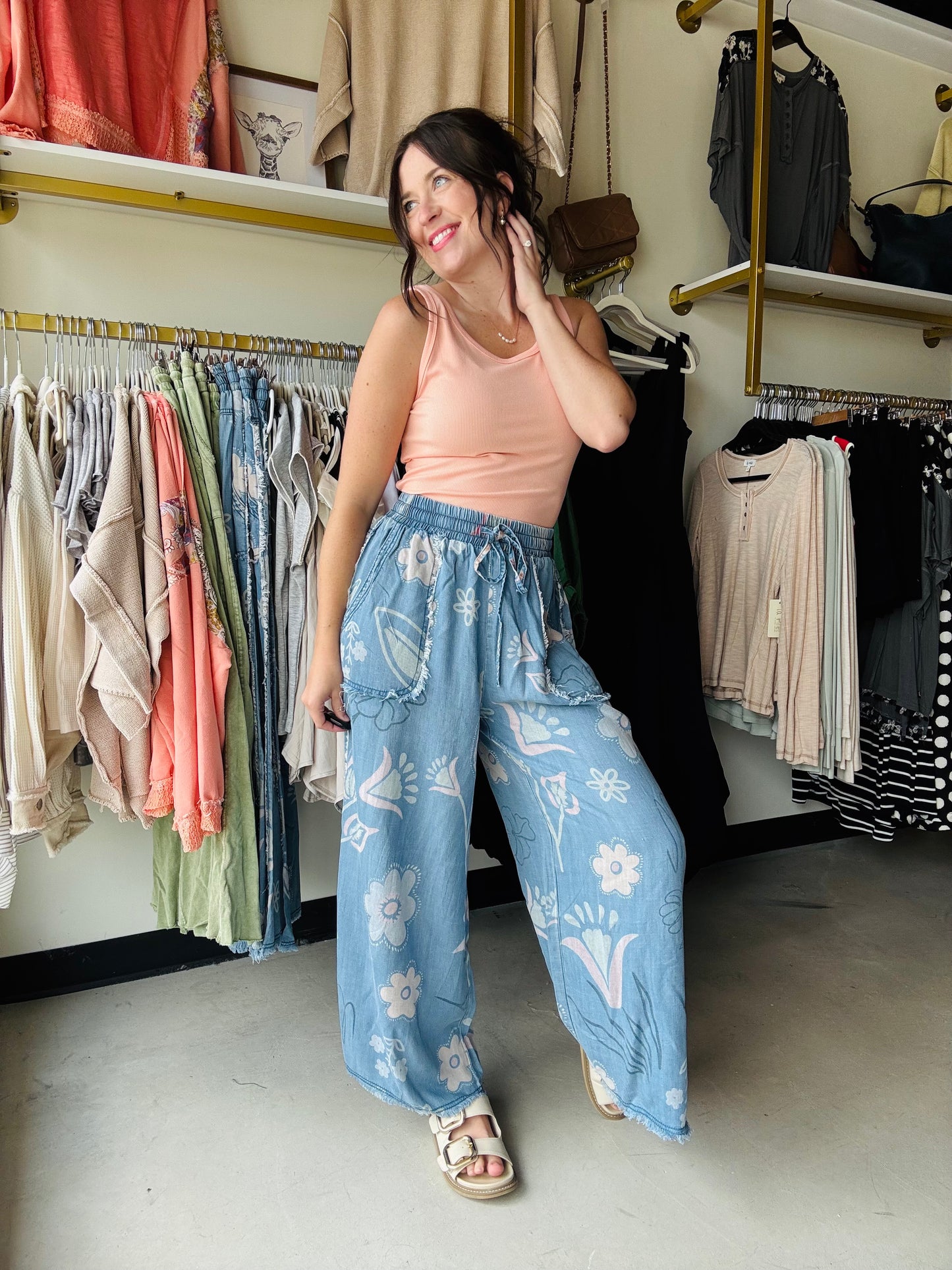 Floral Chambray Wide Leg Pants