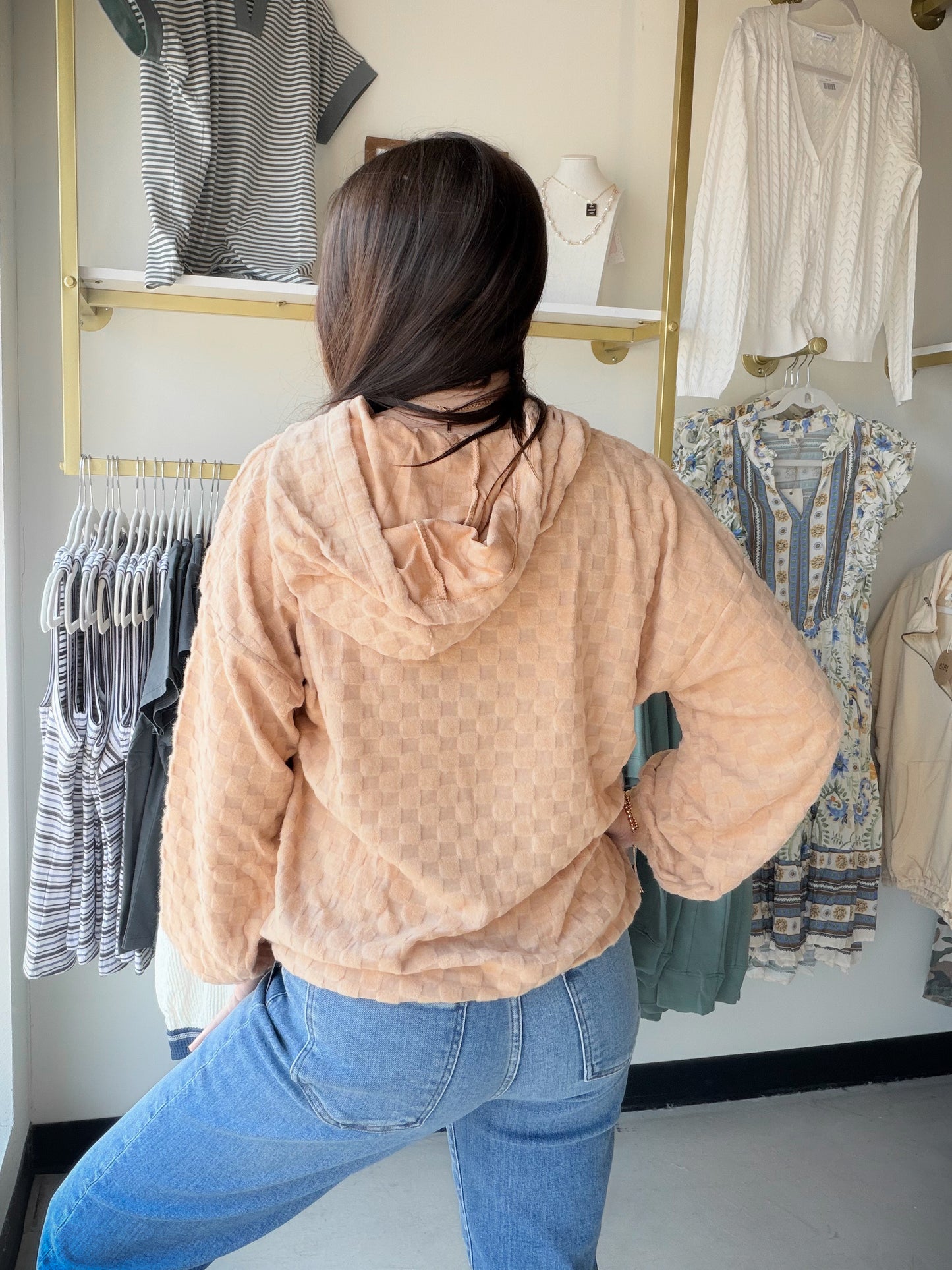 Taupe Checker Knit Hoodie