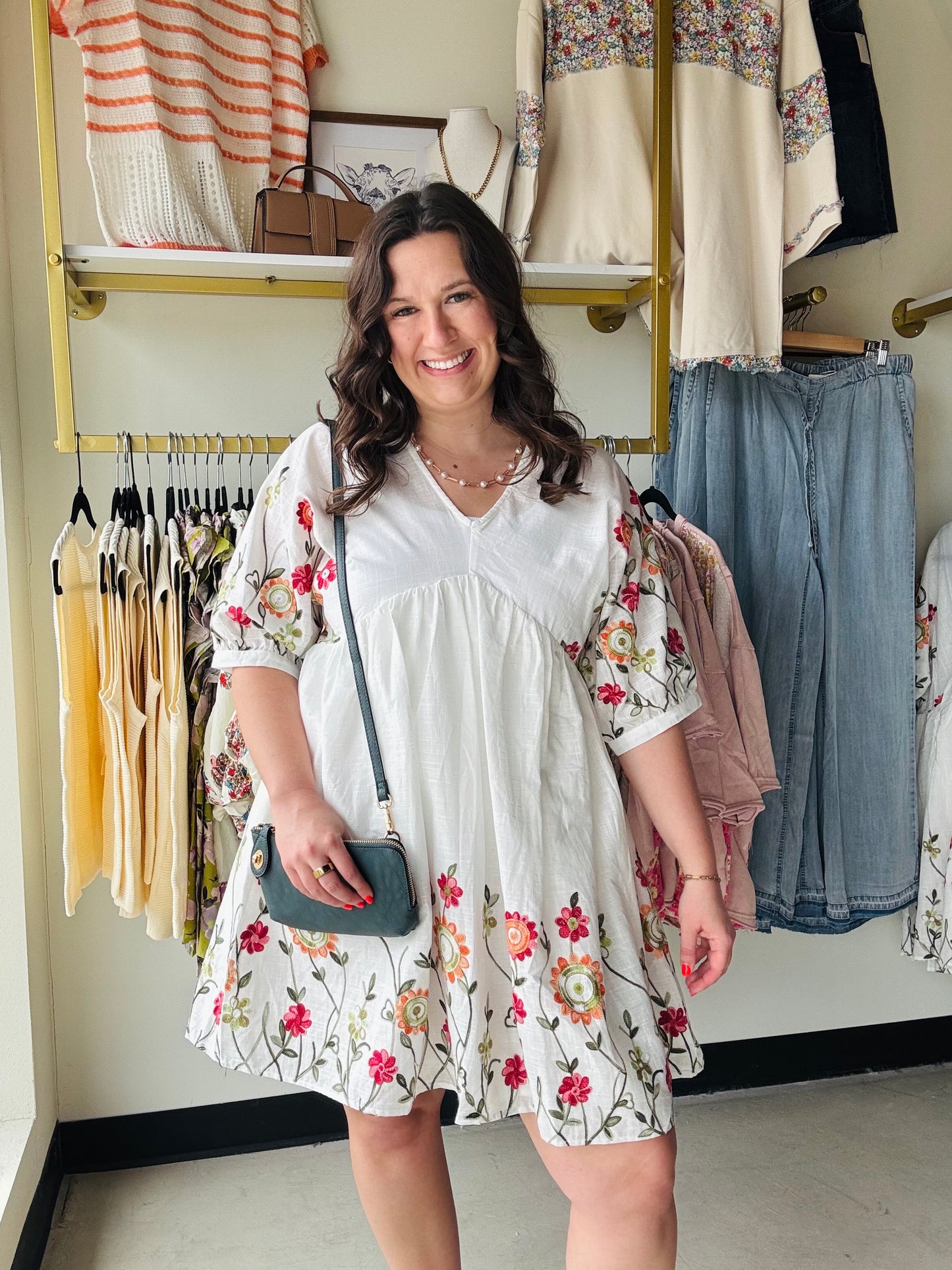Ivory Floral Embroidered Babydoll Dress