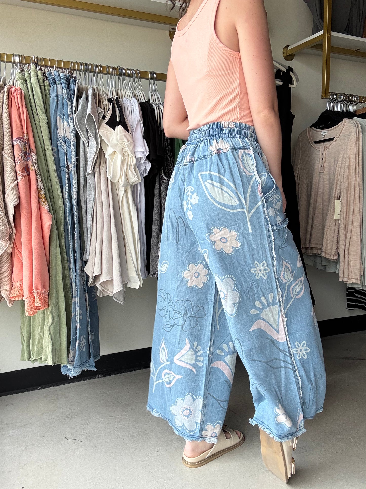 Floral Chambray Wide Leg Pants