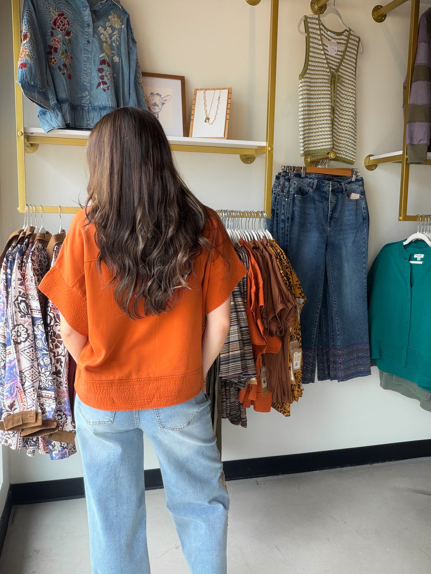 Rust Button Trapunto Stitch Top