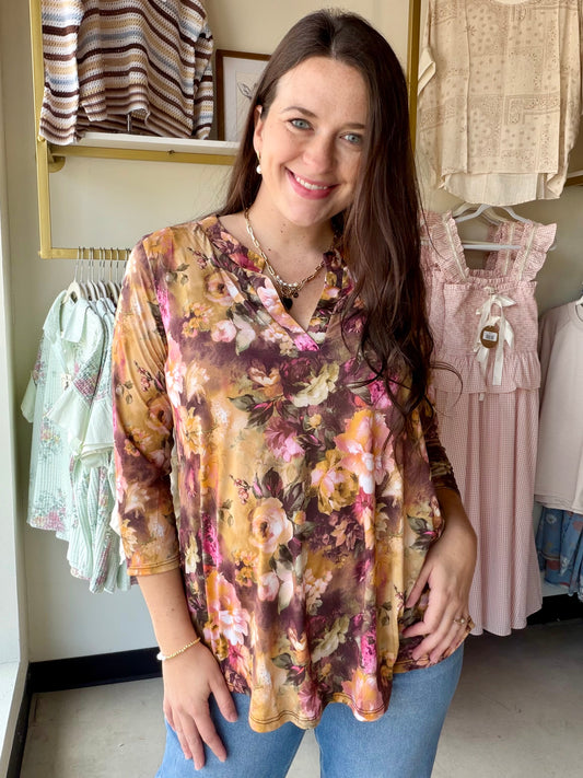 Mustard & Brown 3/4 Sleeve Top
