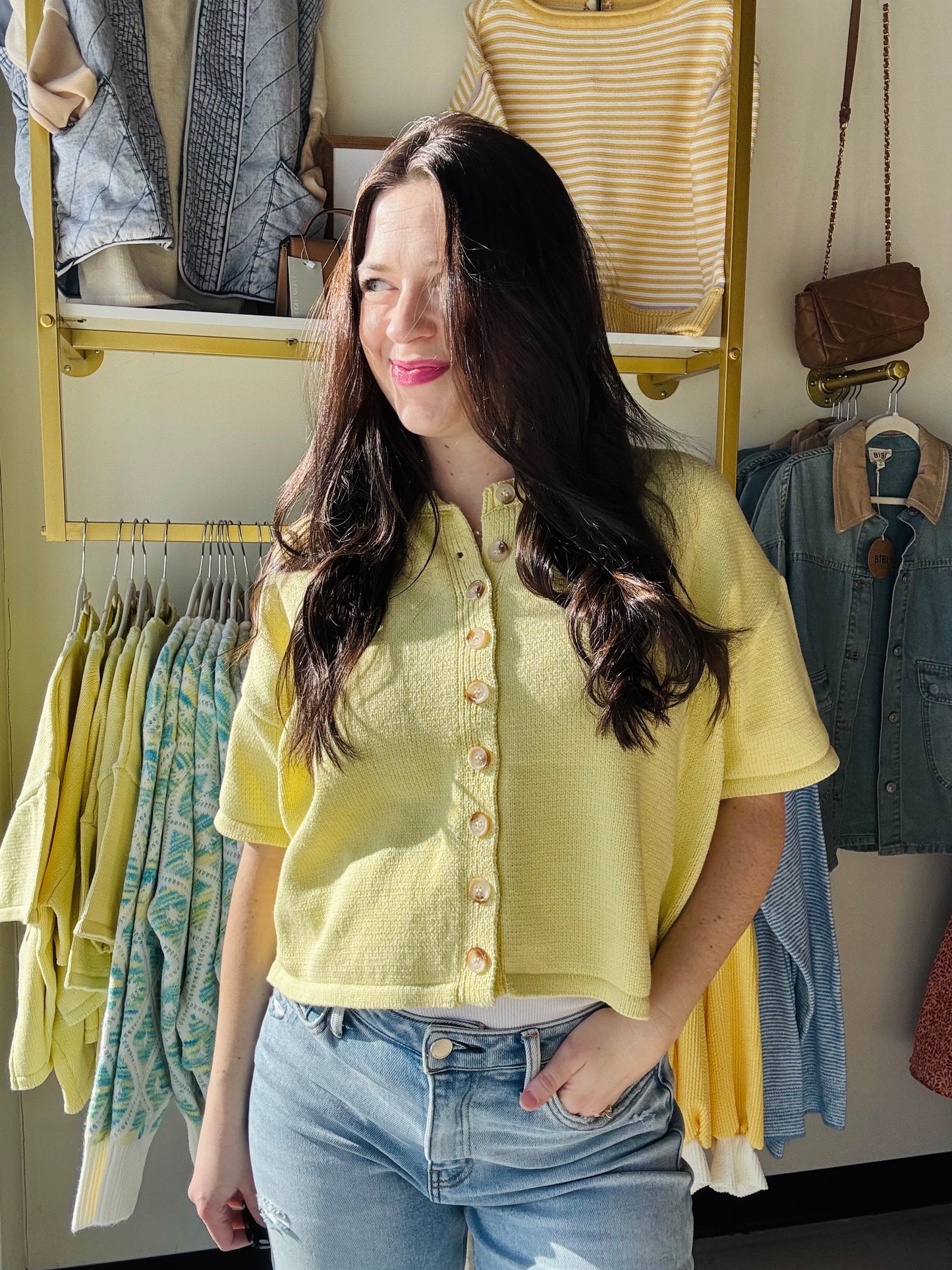 Lemon Button Up Half Sleeve Sweater