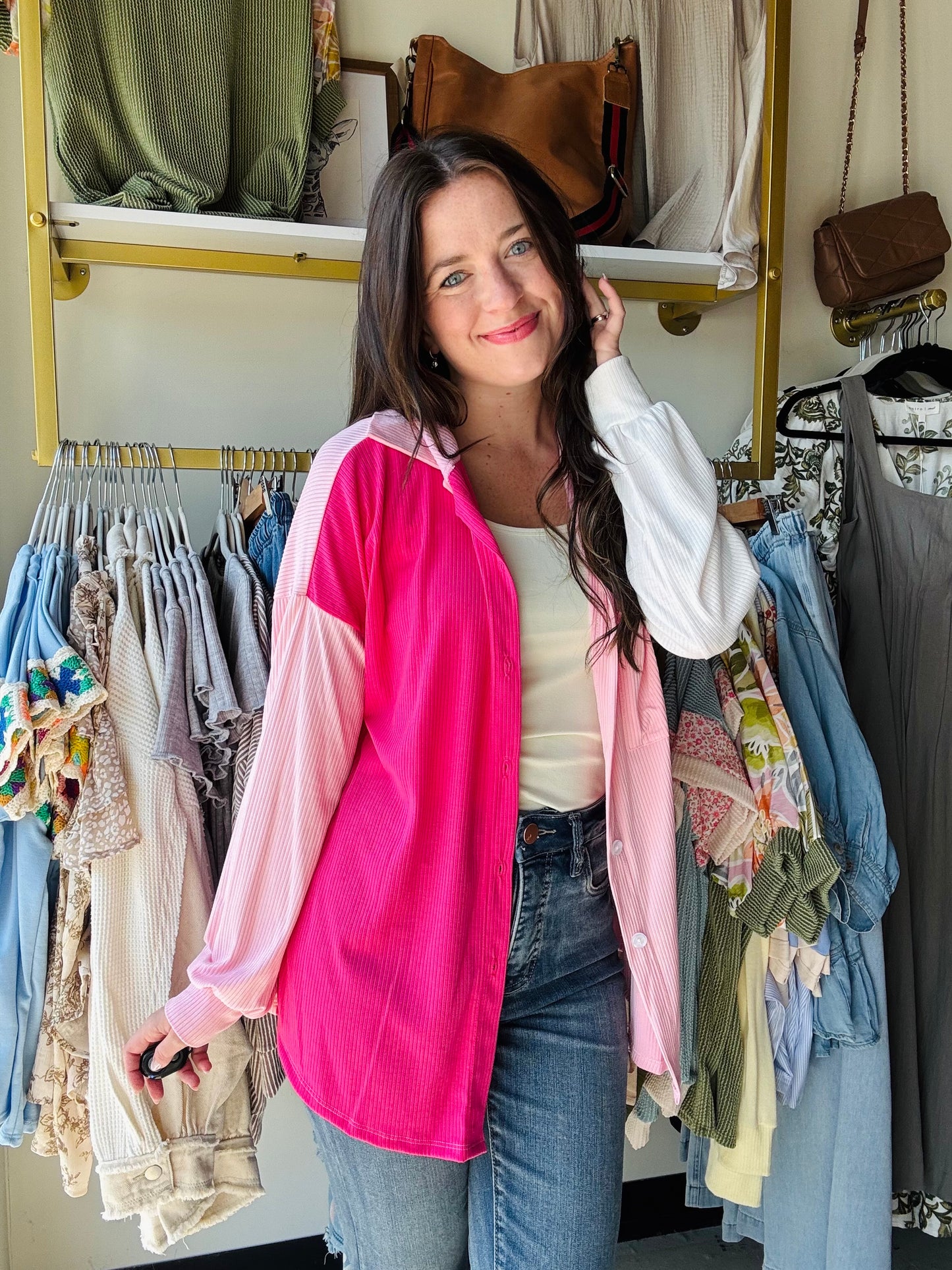 Pink & White Color Block Shacket