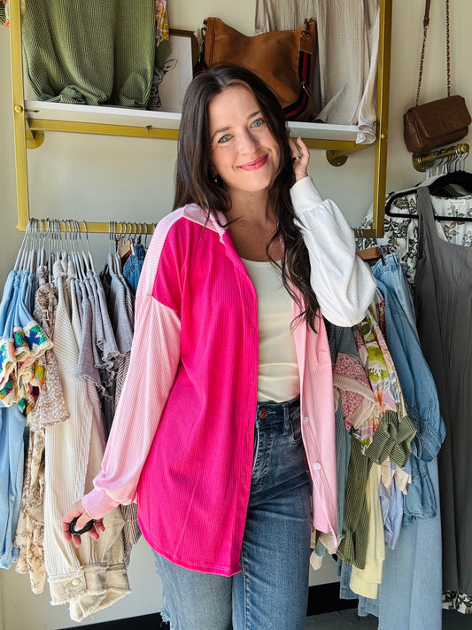 Pink & White Color Block Shacket