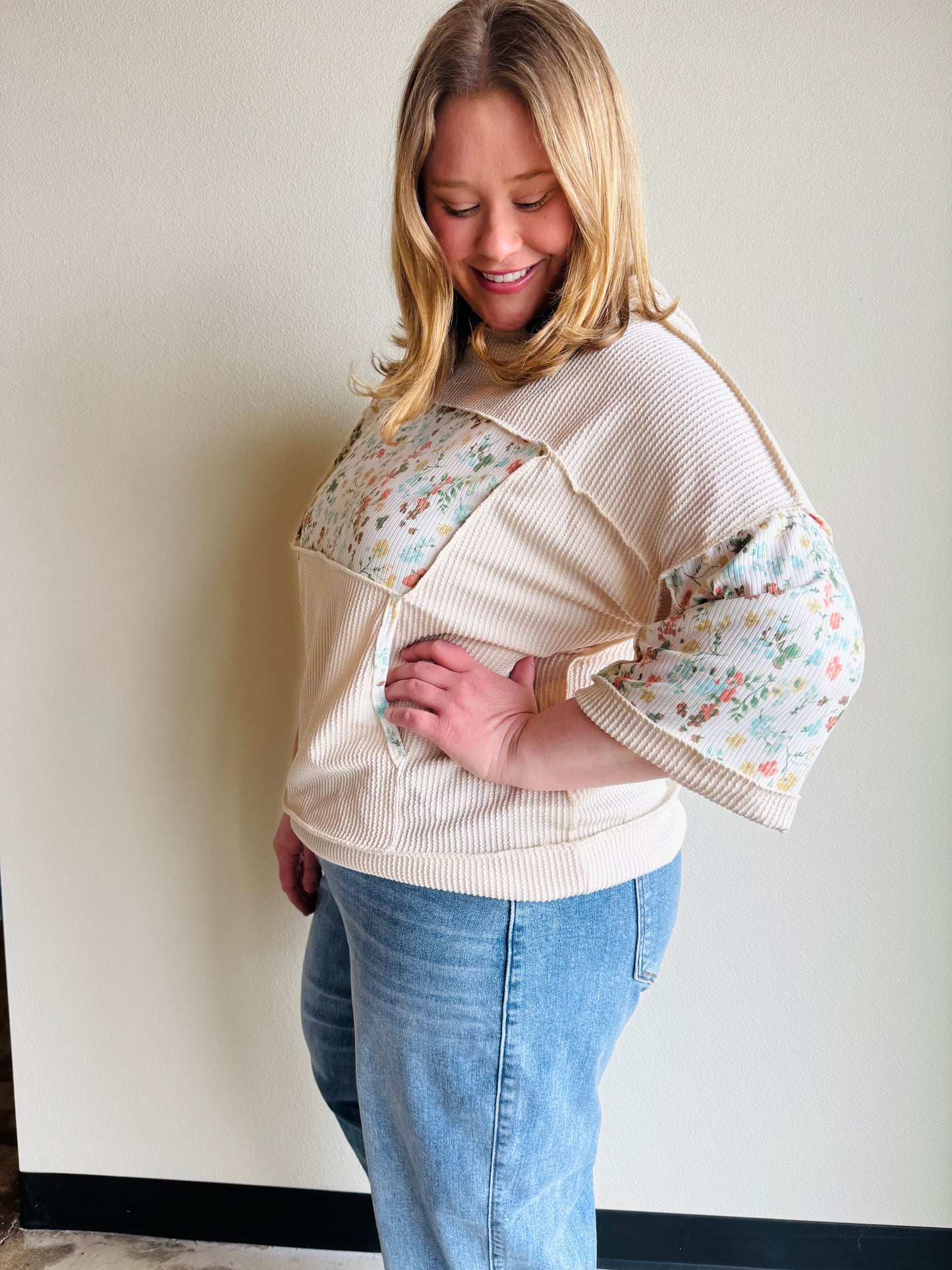 Oatmeal Half Sleeve Patchwork Hoodie