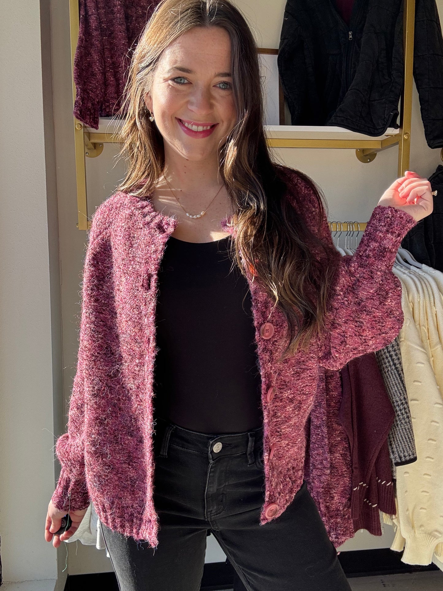 Roseberry Raglan Sleeve Button Sweater