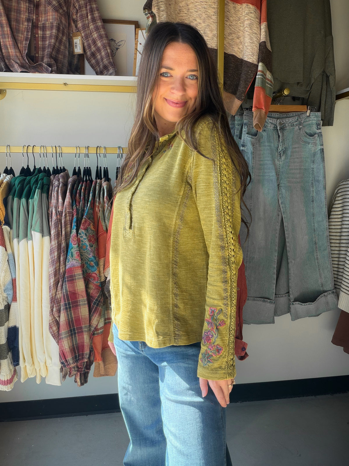 Olive Snap Front Embroidered Top
