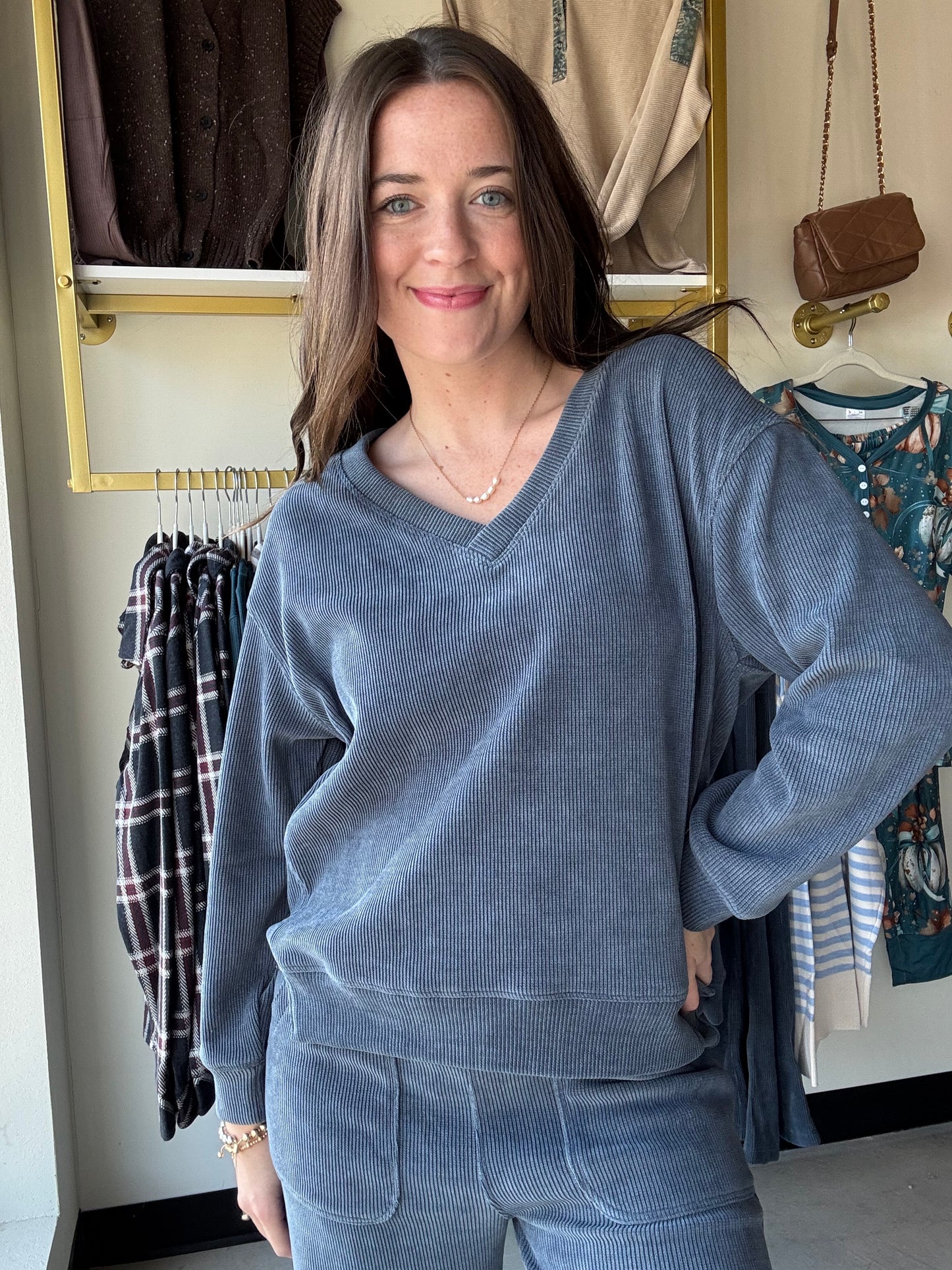 Denim V Neck Corduroy Top