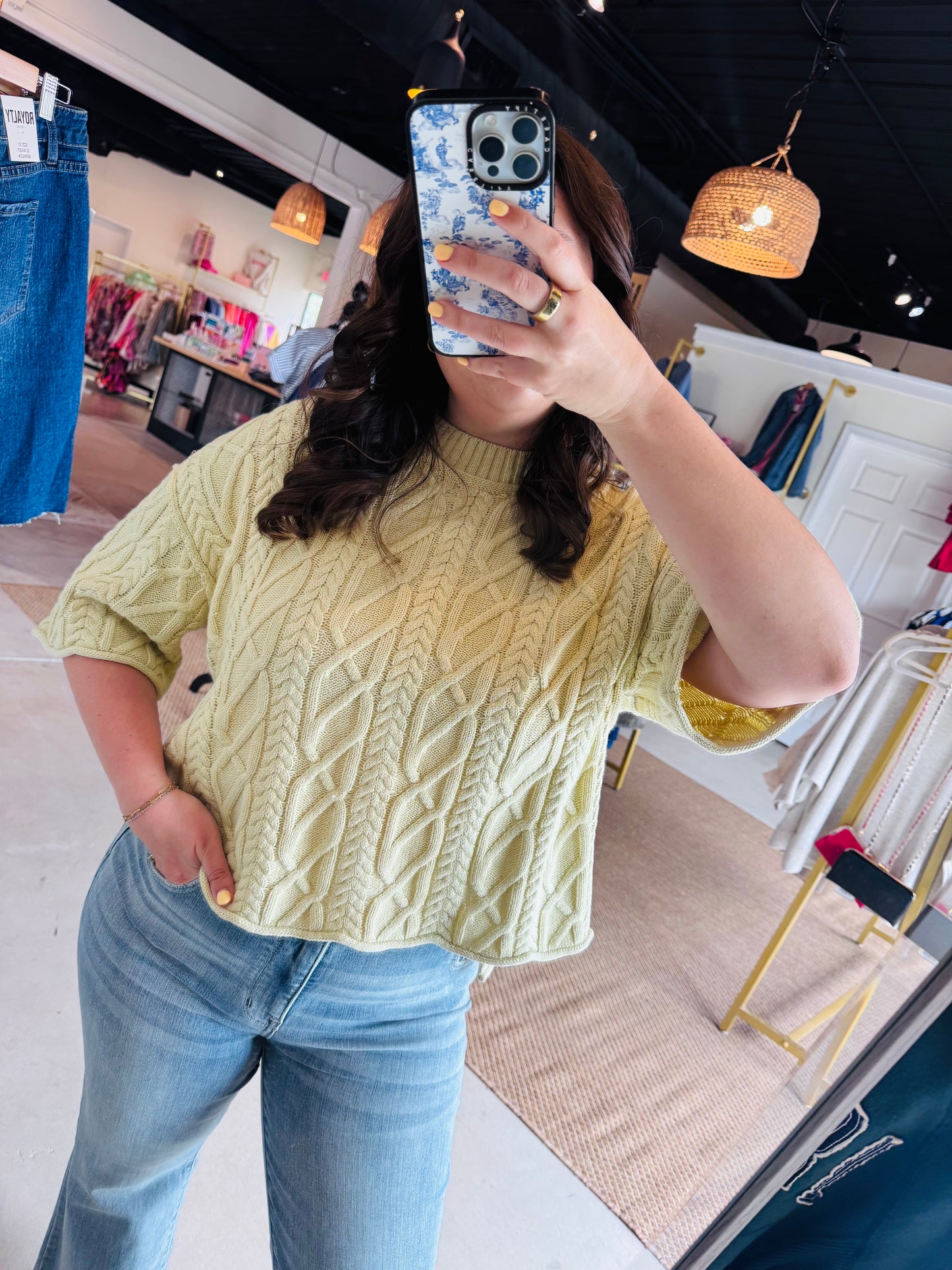 Sage Cable Knit Half Sleeve Sweater