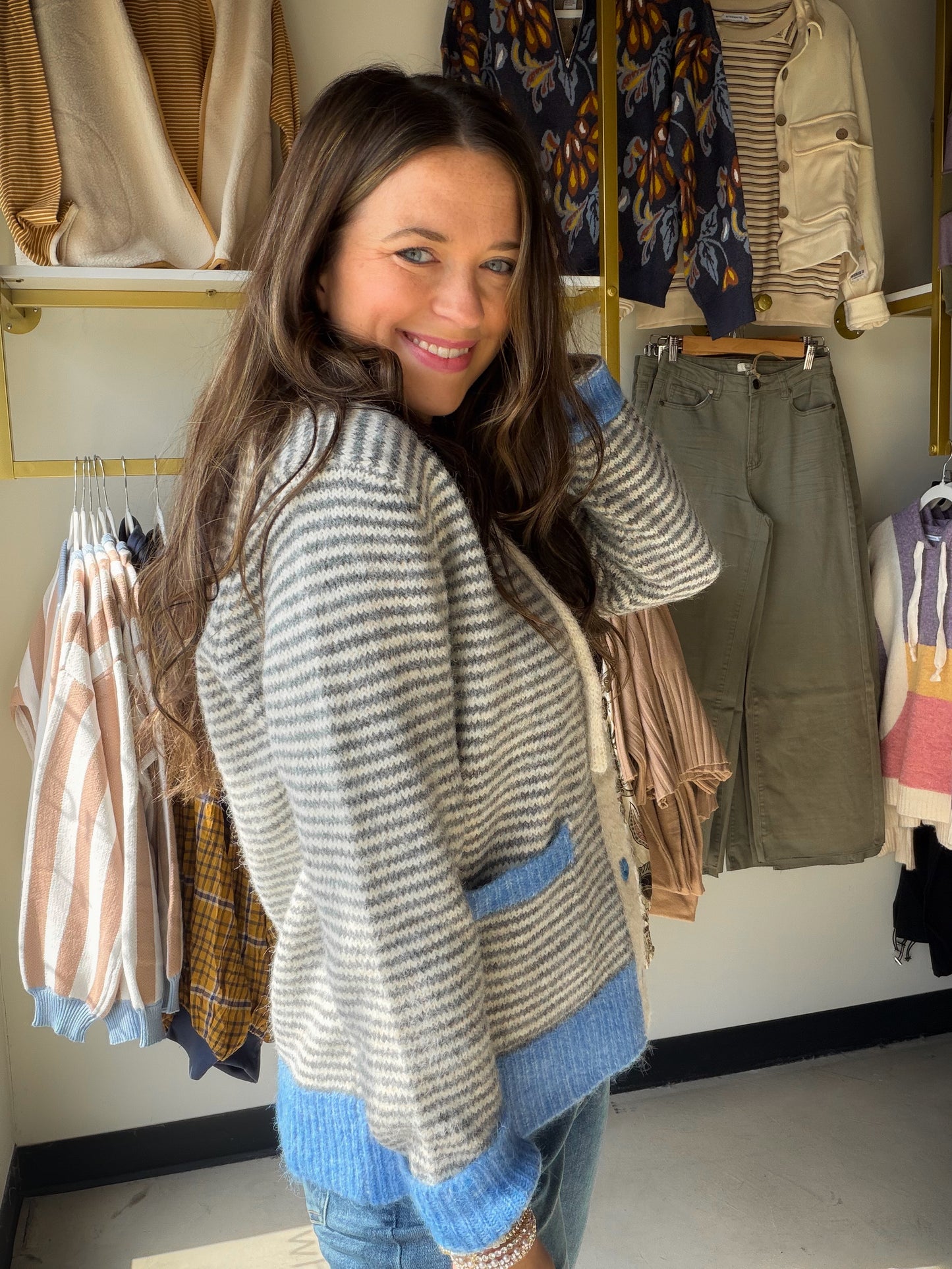 Blue Gray Contrast Button Hoodie