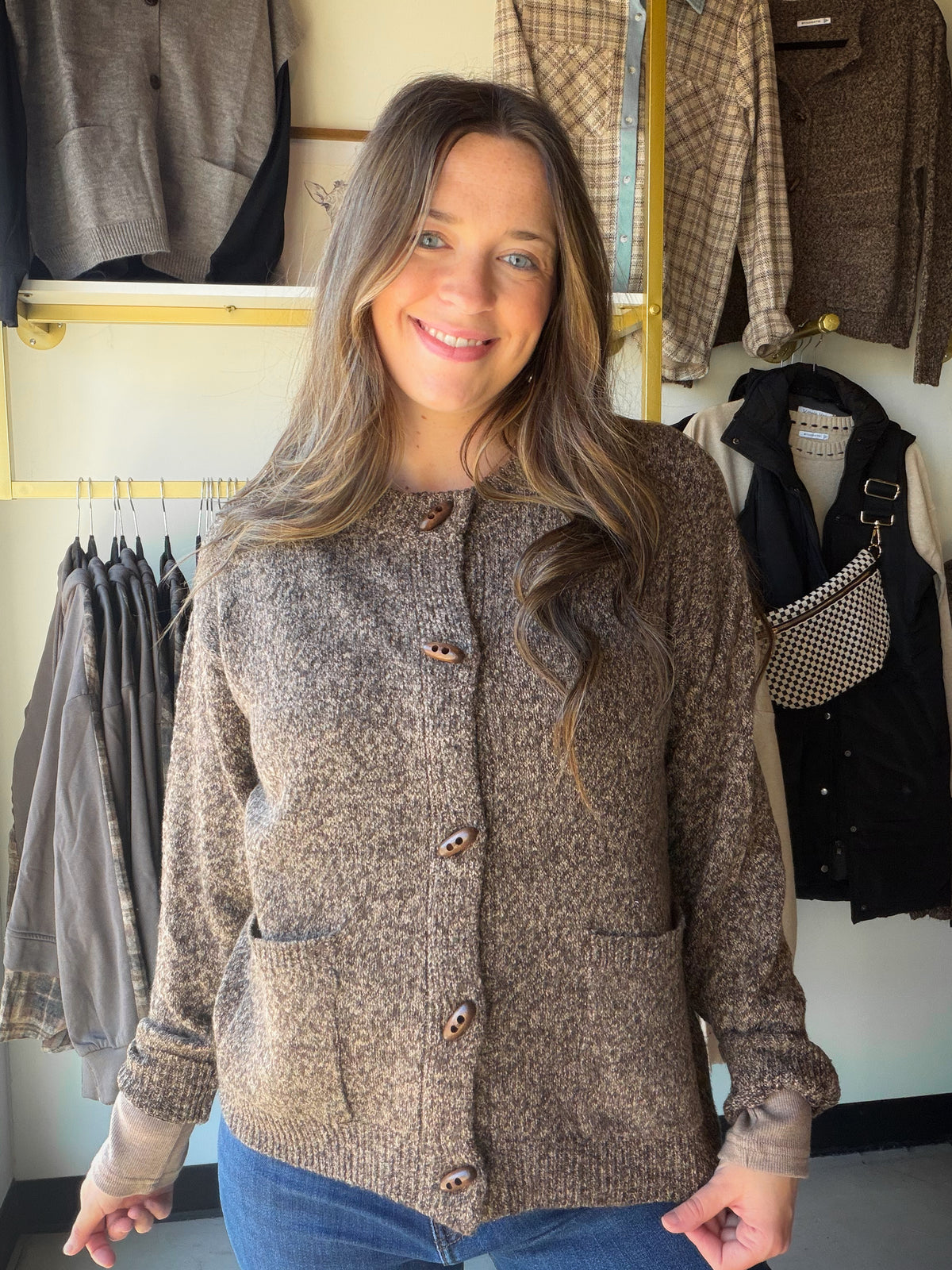 Brown Rib Accent Button Up Cardigan