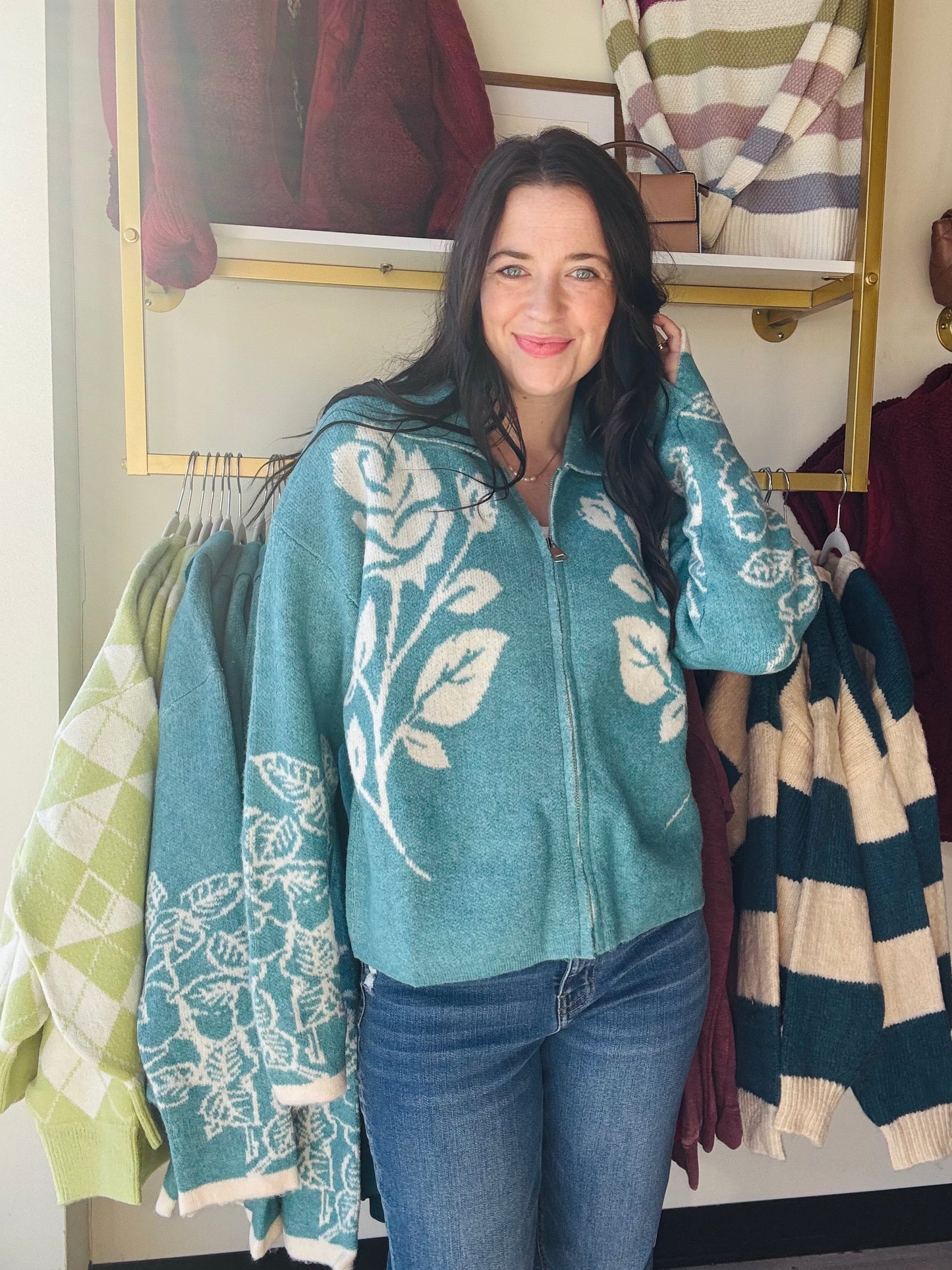 Teal Artwork Zip Cardigan