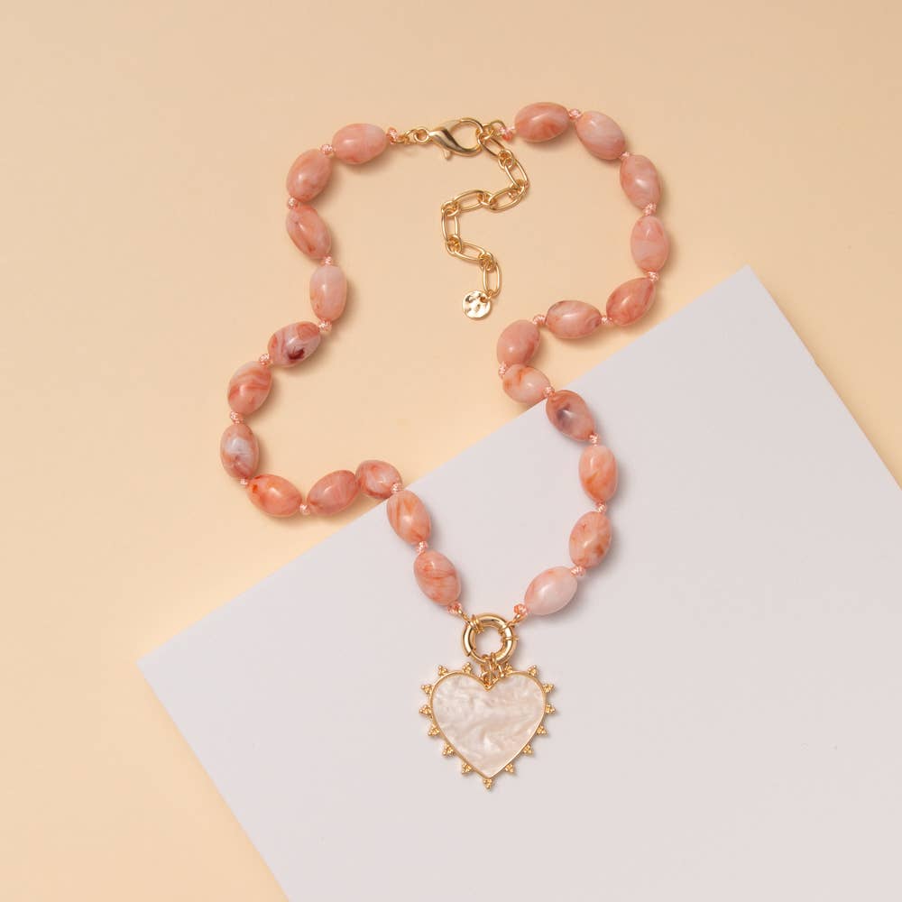 Pearlescent Heart Pendant Marbled Bead Necklace