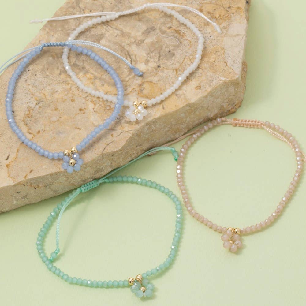 Faceted Beaded Flower Charm Adjustable Cord Bracelet