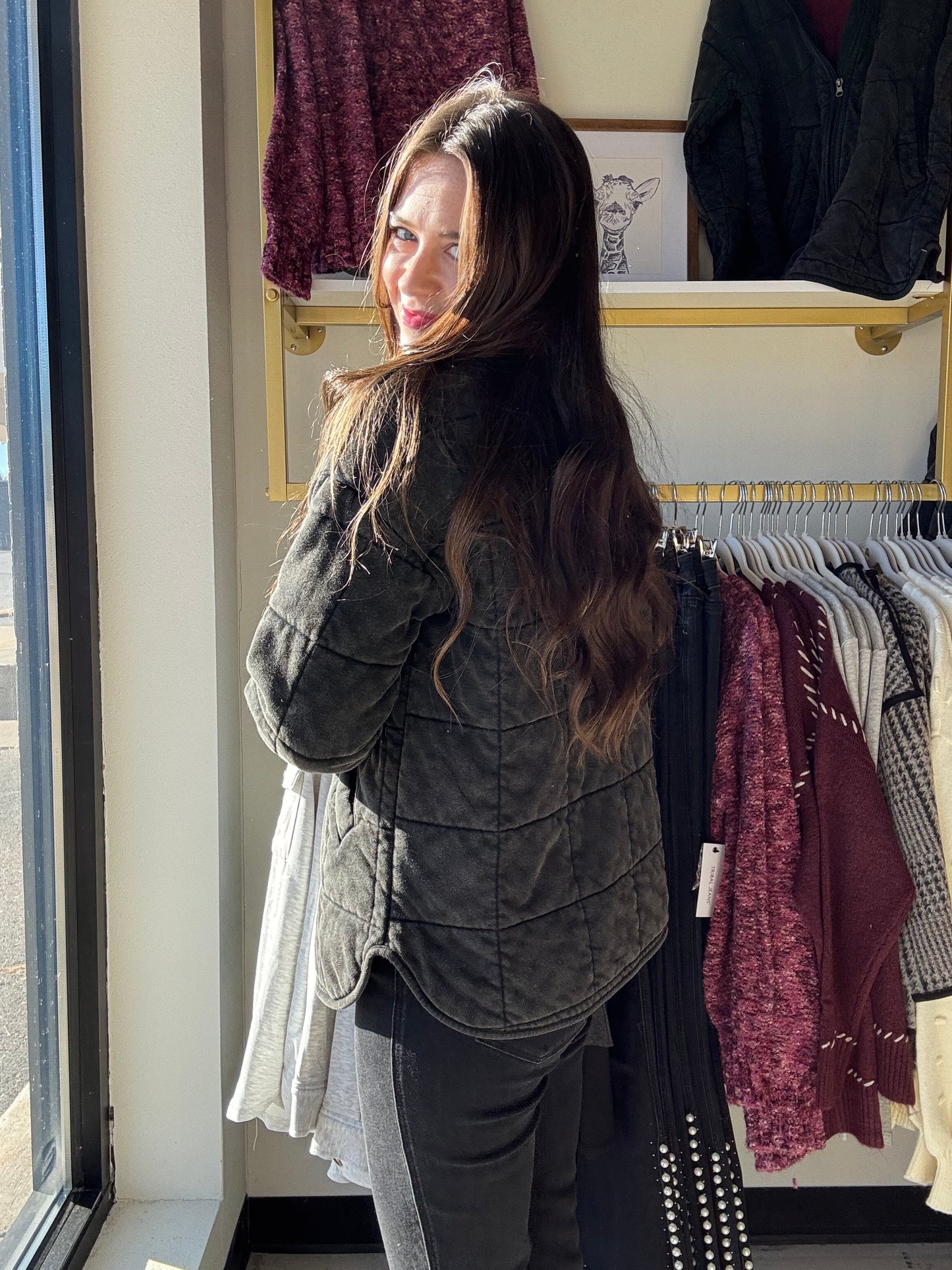 Charcoal Quilted Zip Up Jacket