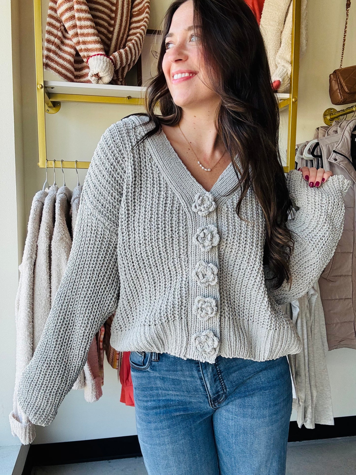 Grey Chenille Button Sweater