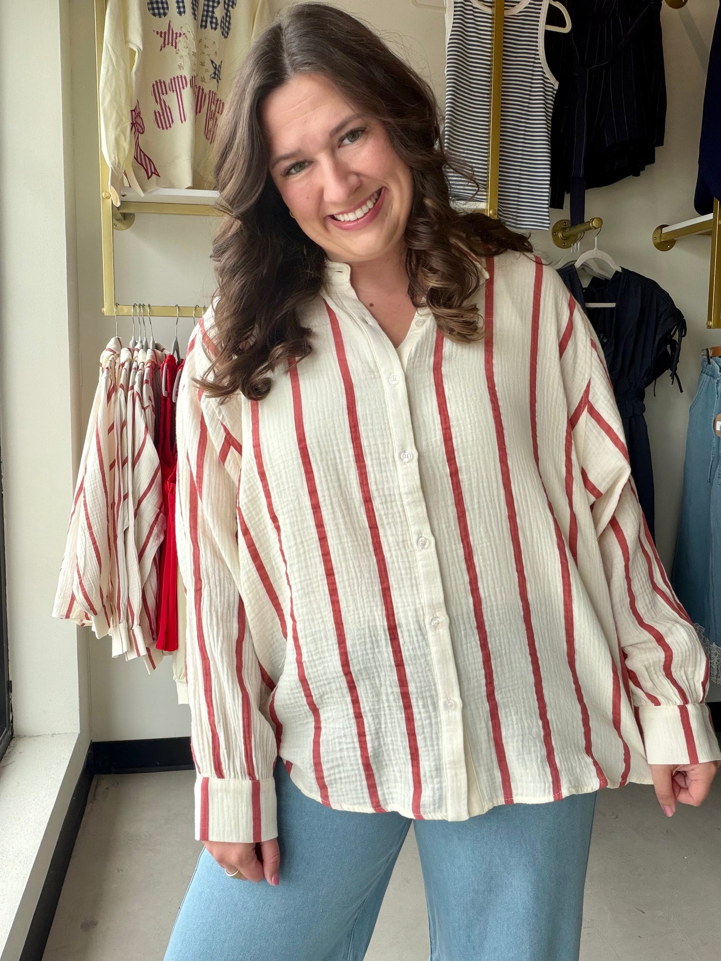Cream & Red Stripe Gauze Top