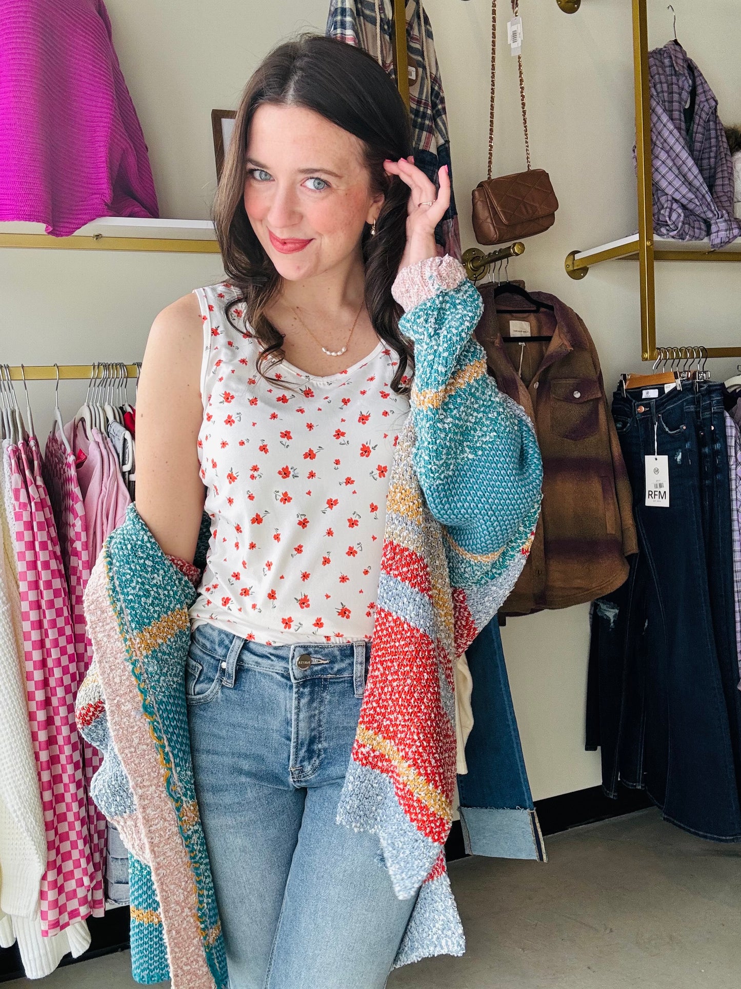 Steel Blue & Coral Block Cardigan