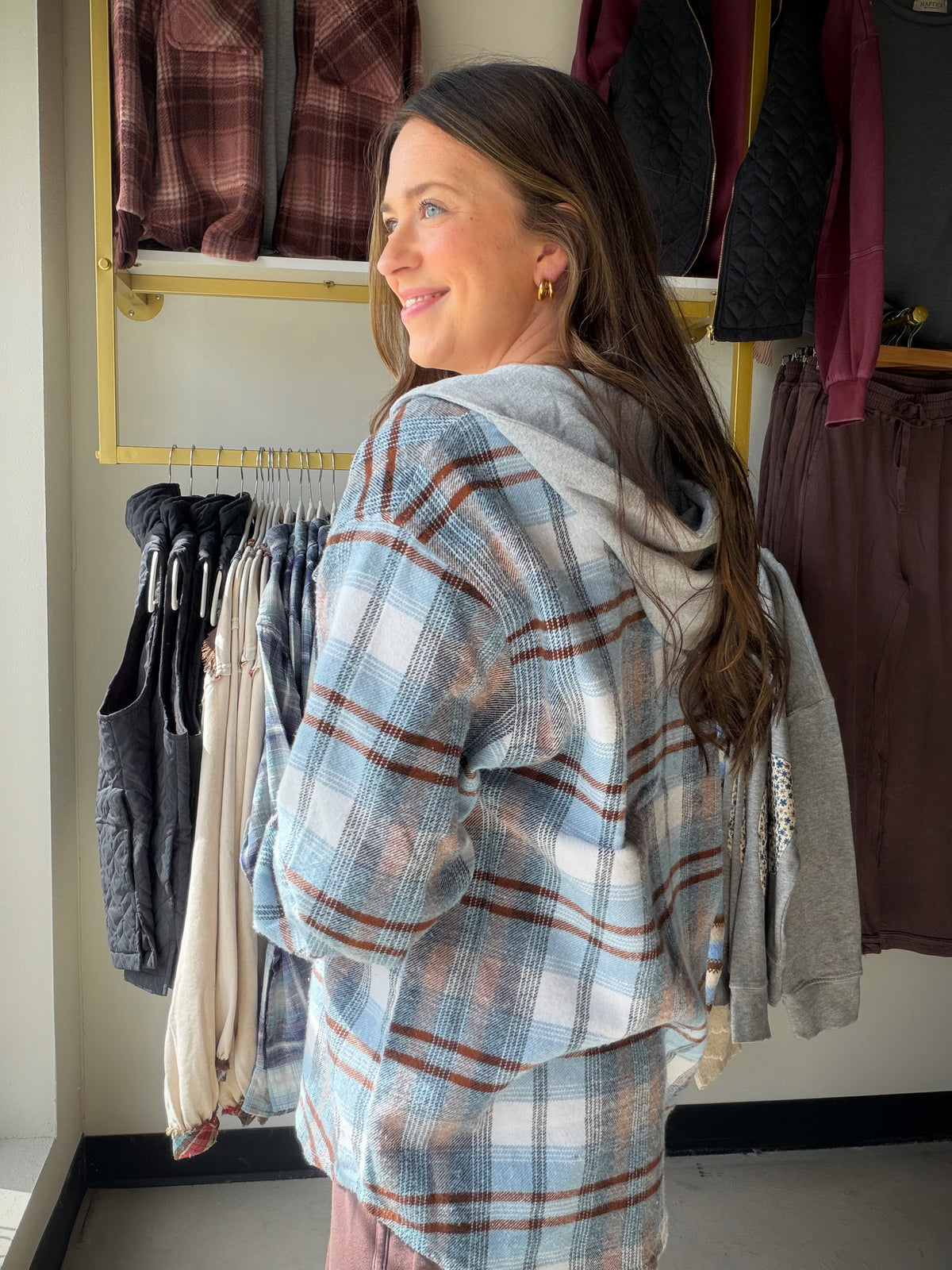 Sky Blue & Brown Plaid Hooded Shacket
