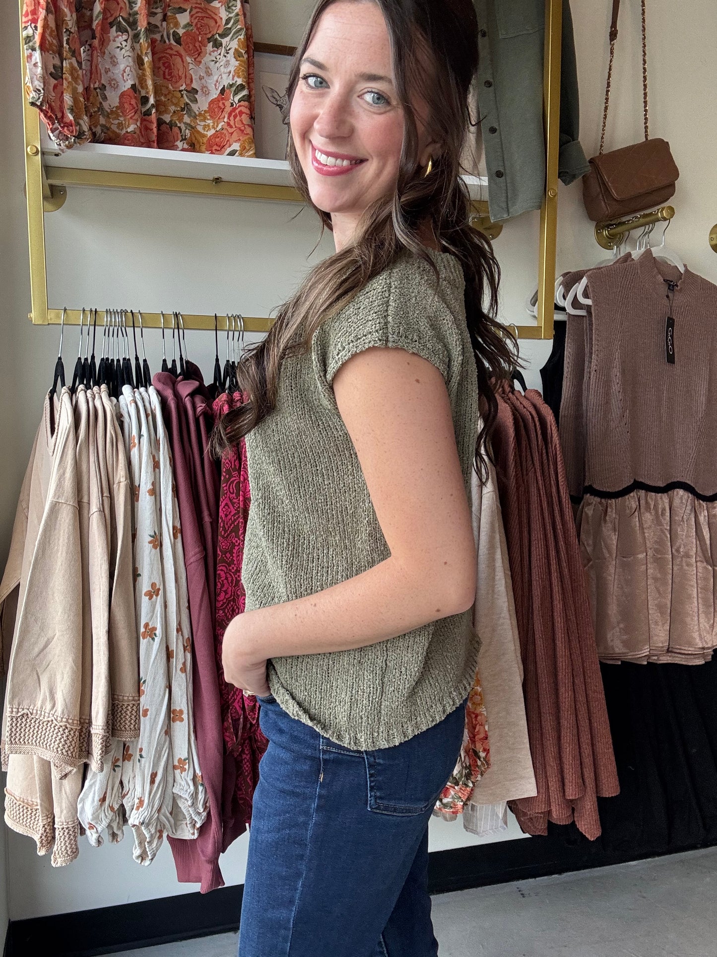 Olive Wide Neck Sleeveless Sweater