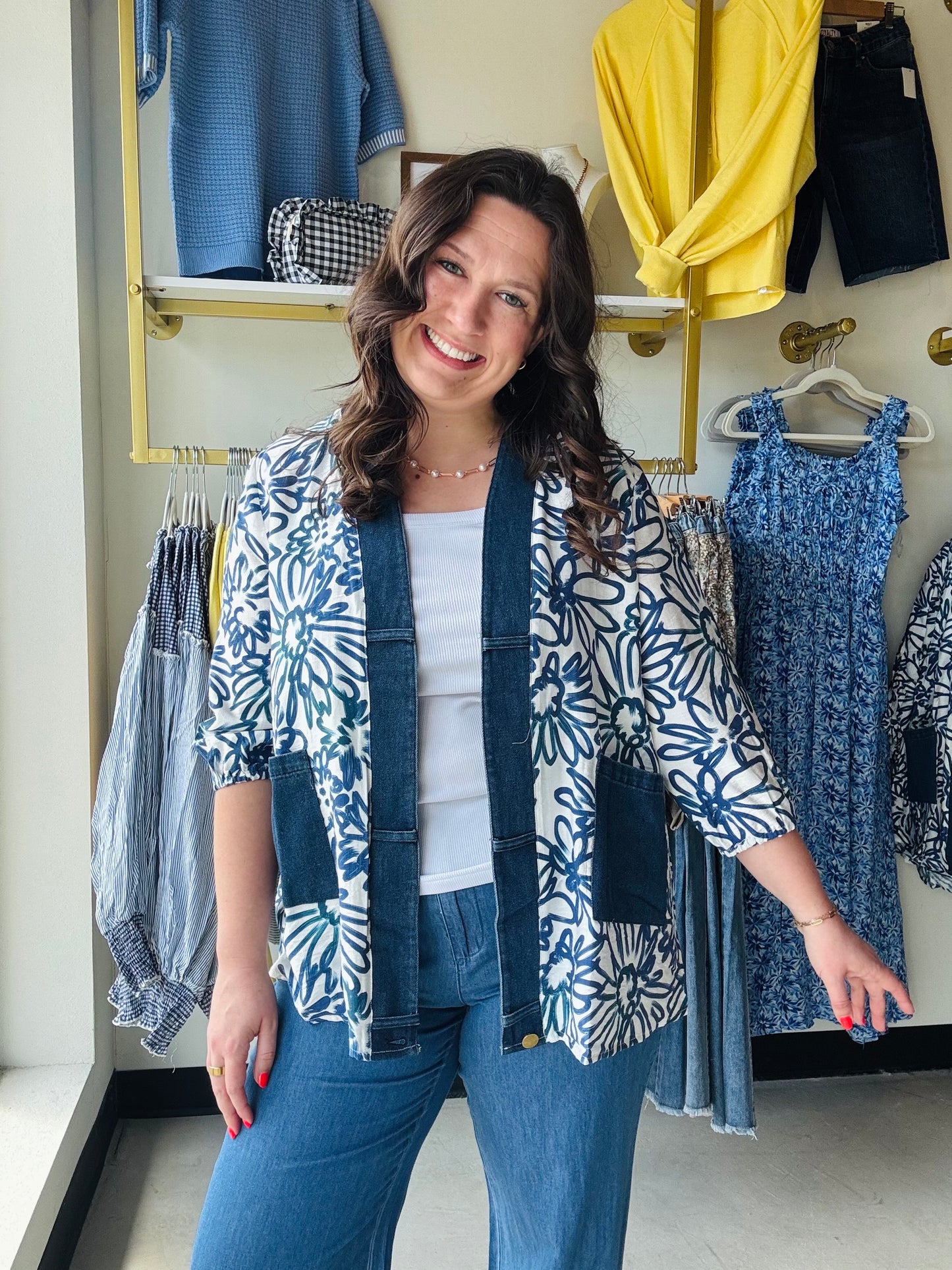 Denim Trim Floral Cardigan