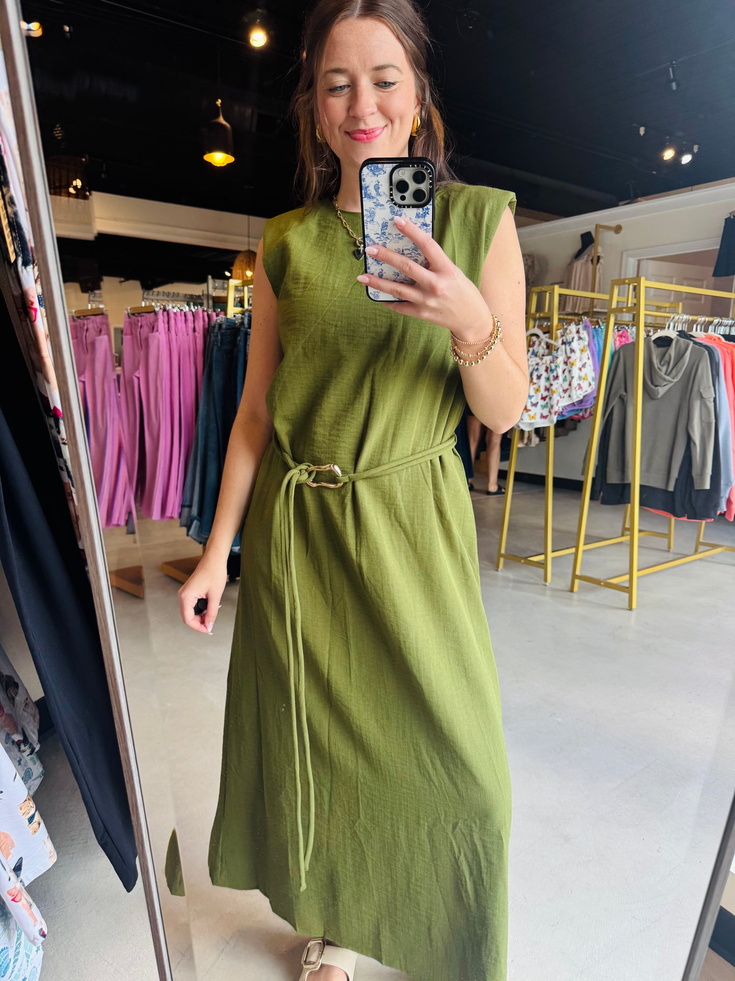 Gold Accent Belt Midi Dress