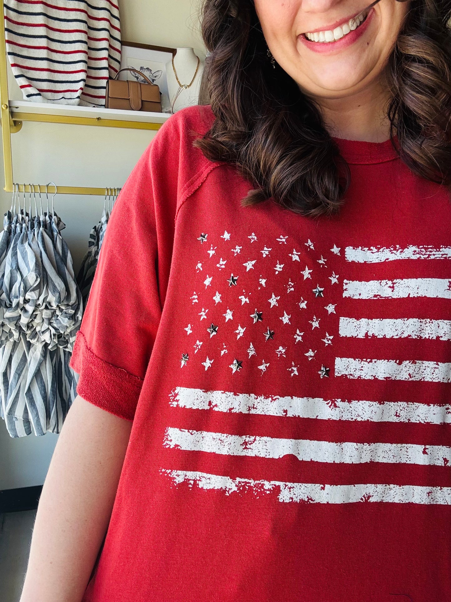 Red Studded Americana Terry Knit Top