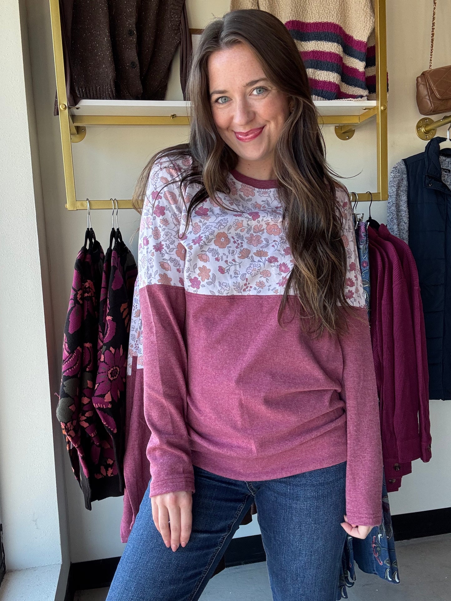 Vintage Floral Raspberry Pullover