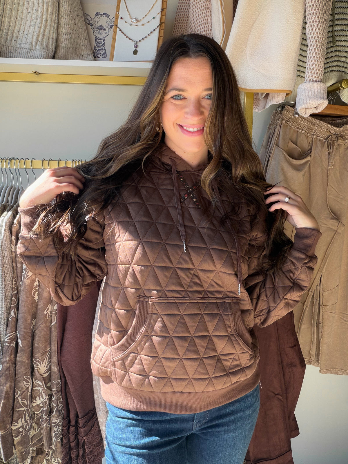 Brown Quilted Accent Hoodie